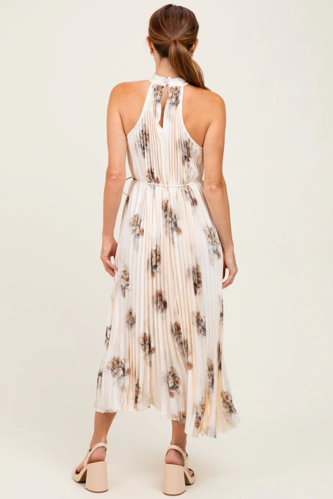Cream Printed Pleated Halter Dress - Image 4