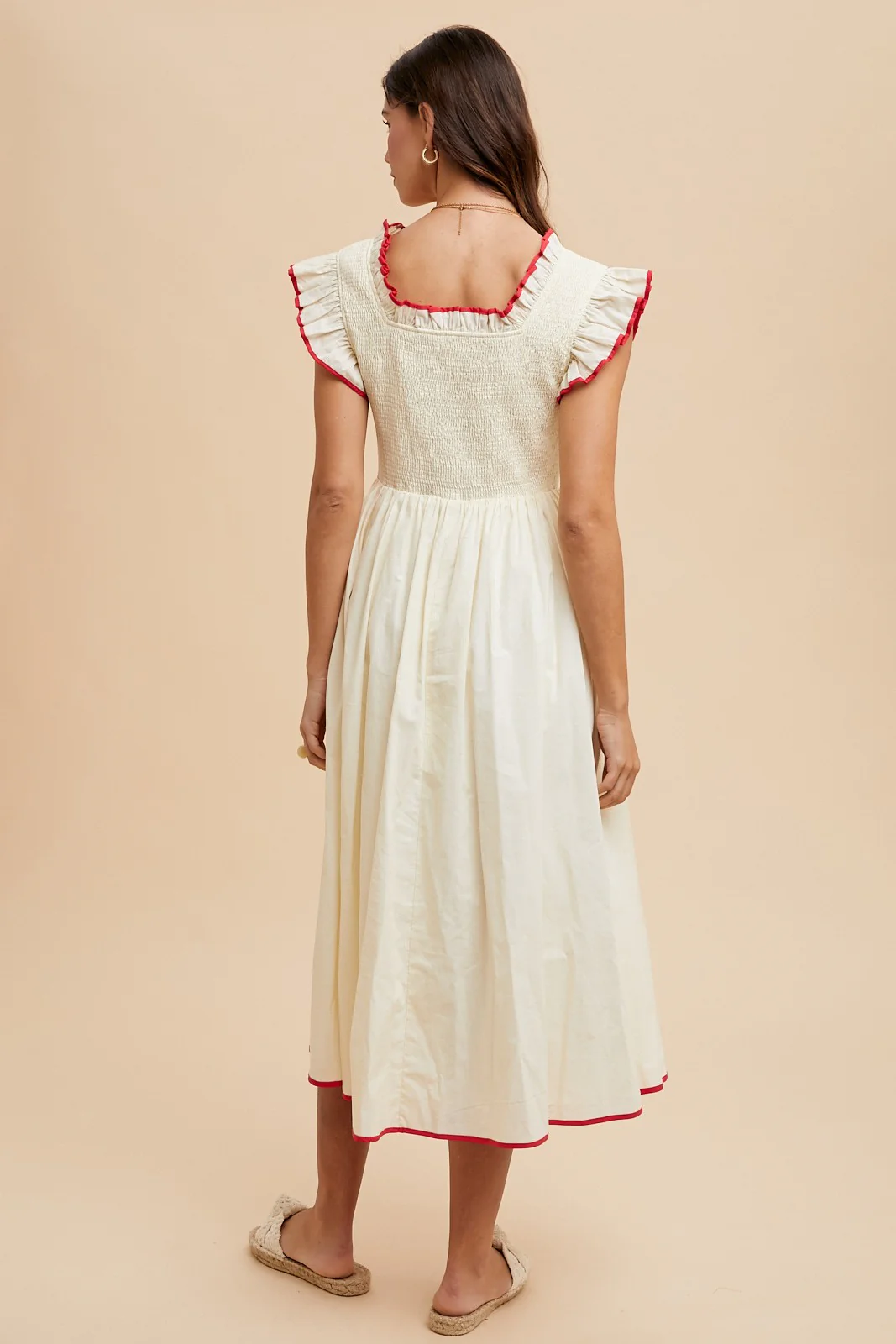 Cream Red Contrast Binding Detail Smocking Midi Dress - Image 3
