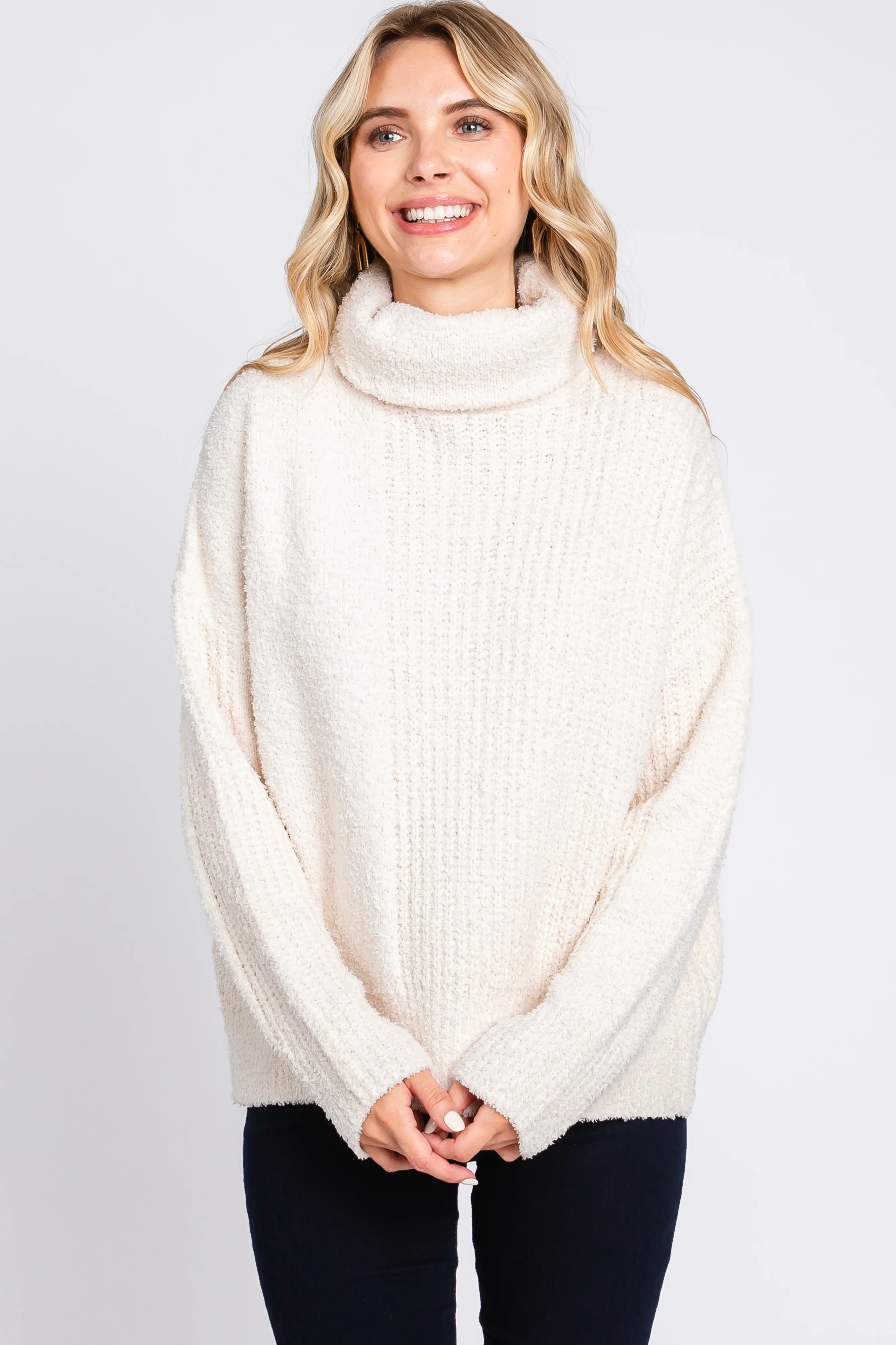 Cream Ribbed Boucle Knit Turtleneck Maternity Sweater - Image 6
