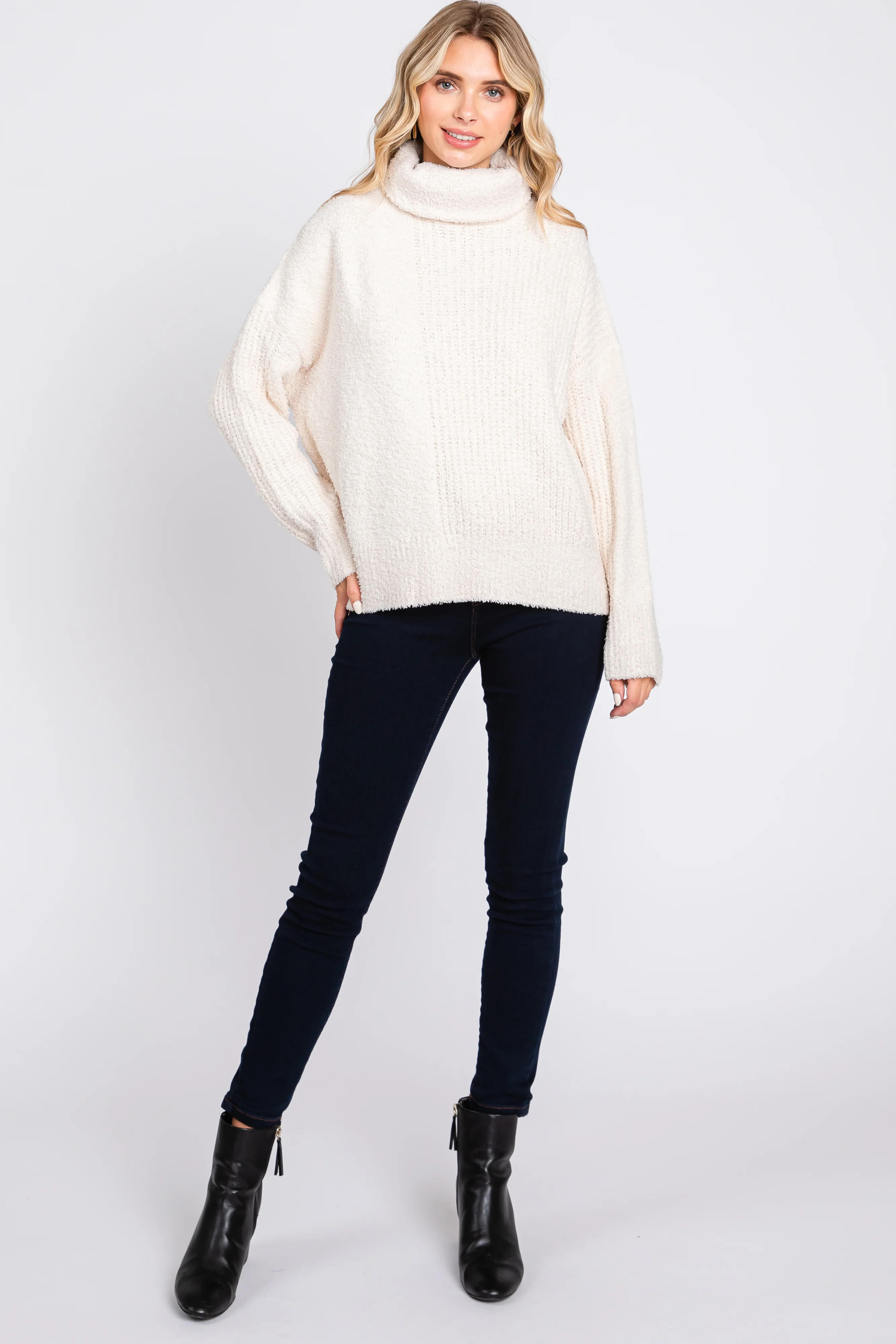 Cream Ribbed Boucle Knit Turtleneck Sweater - Image 4