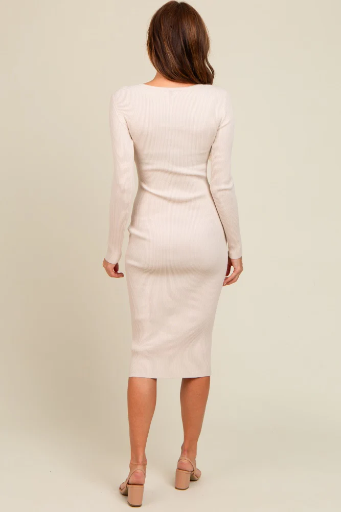 Cream Ribbed Fitted Button Long Sleeve Dress - Image 4