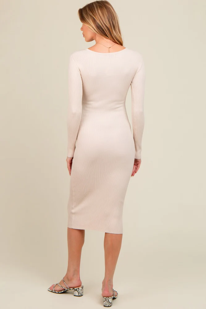 Cream Ribbed Fitted Button Long Sleeve Maternity Dress - Image 4