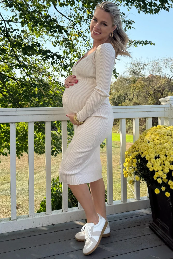 Cream Ribbed Fitted Button Long Sleeve Maternity Dress - Image 6