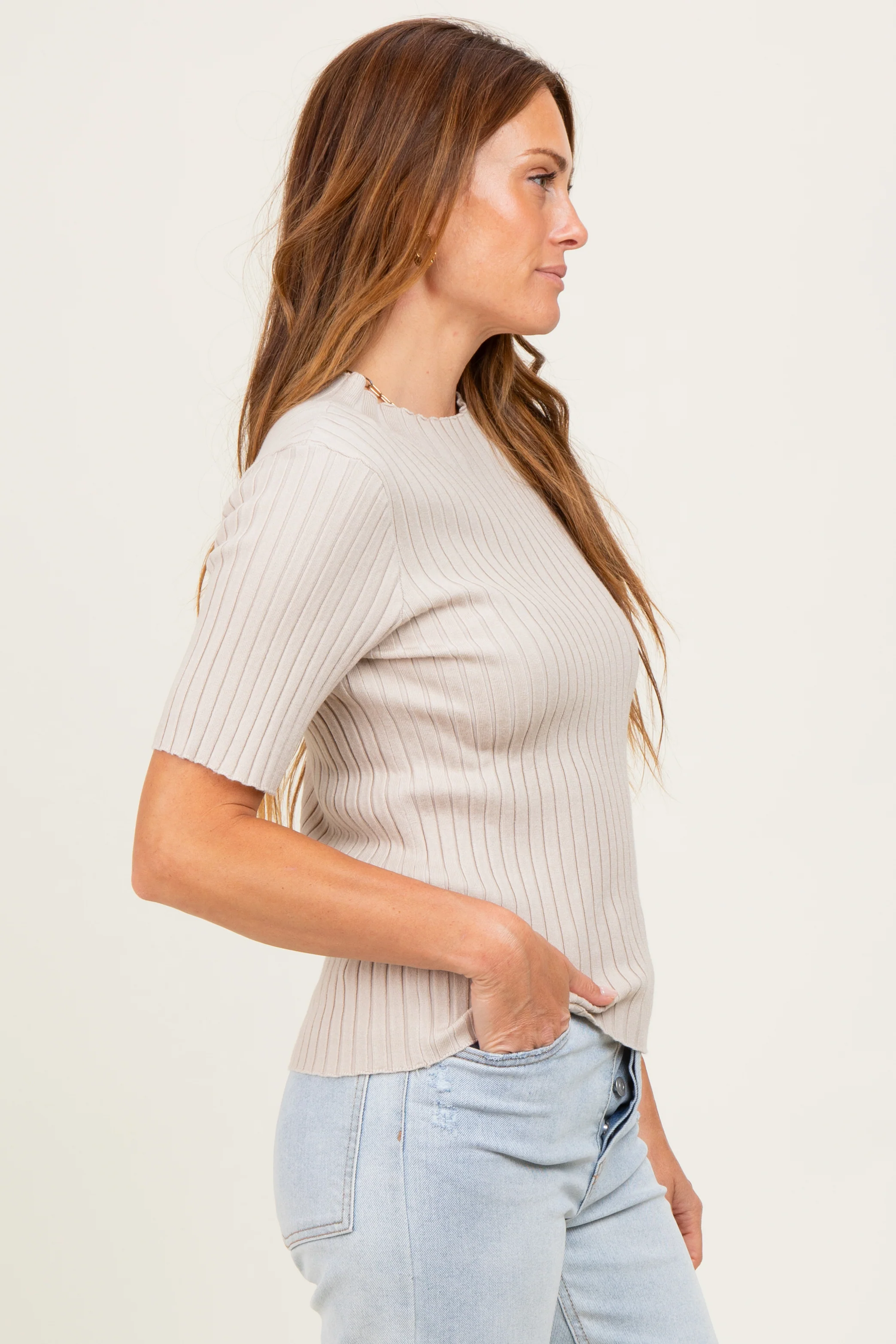 Cream Ribbed Mock Neck Knit Short Sleeve Top - Image 3
