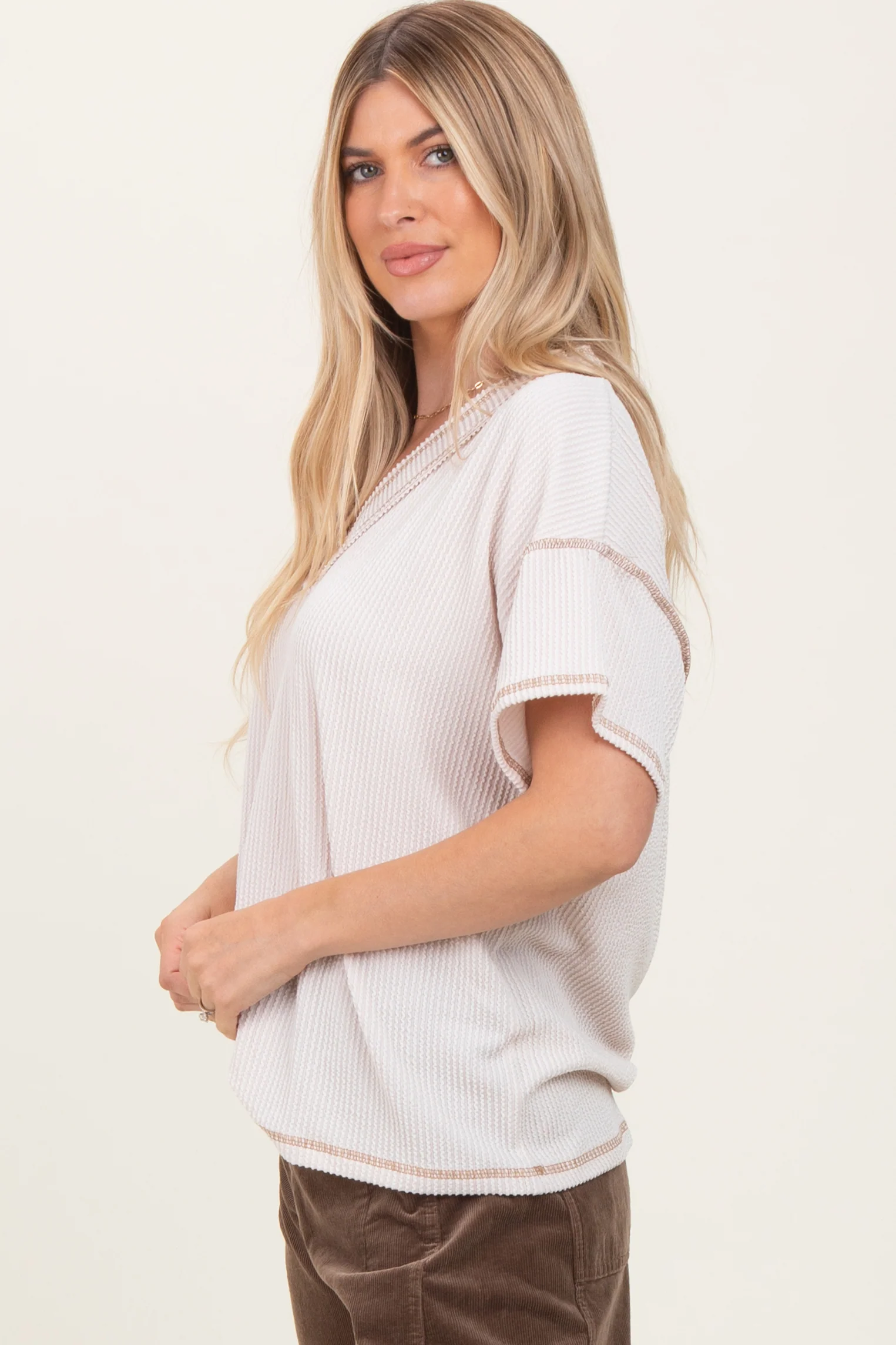 Cream Ribbed Short Sleeve V-Neck Reverse Stitch Top - Image 3