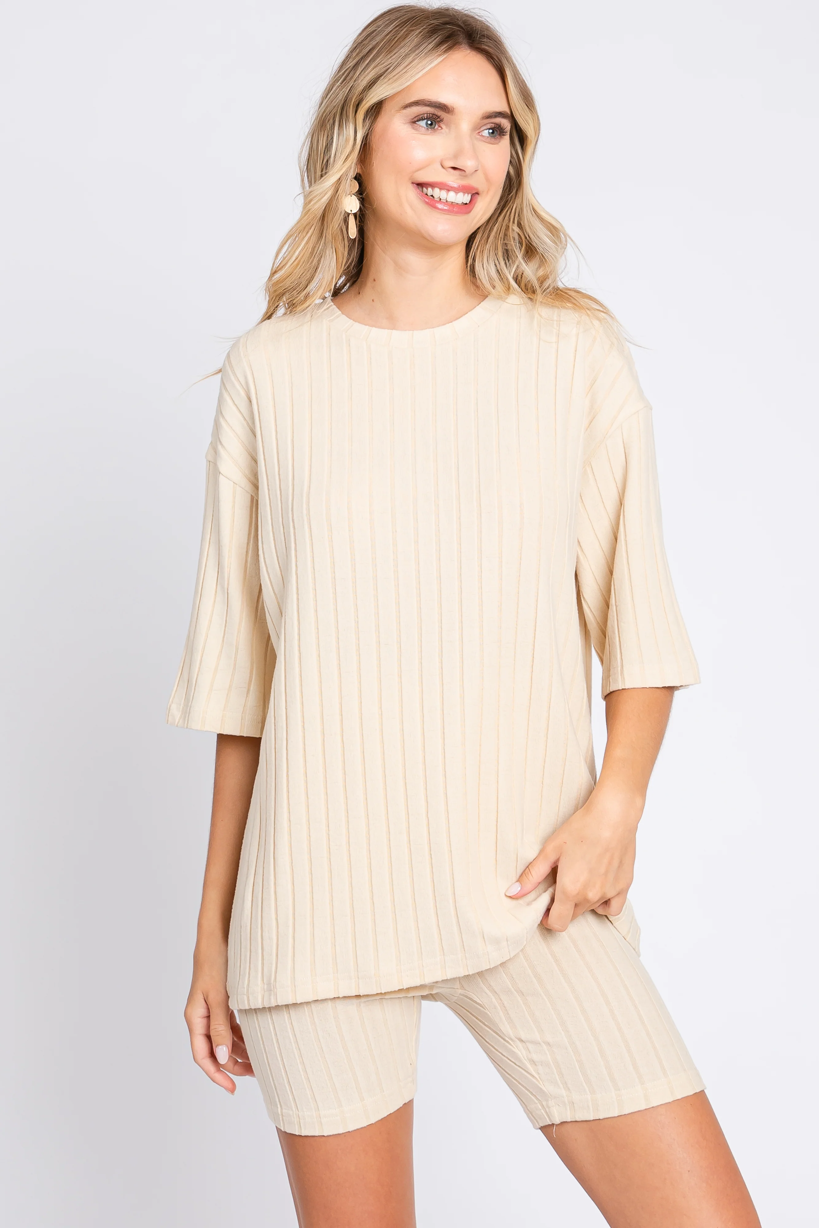 Cream Ribbed Soft Short Sleeve Shorts Set - Image 2