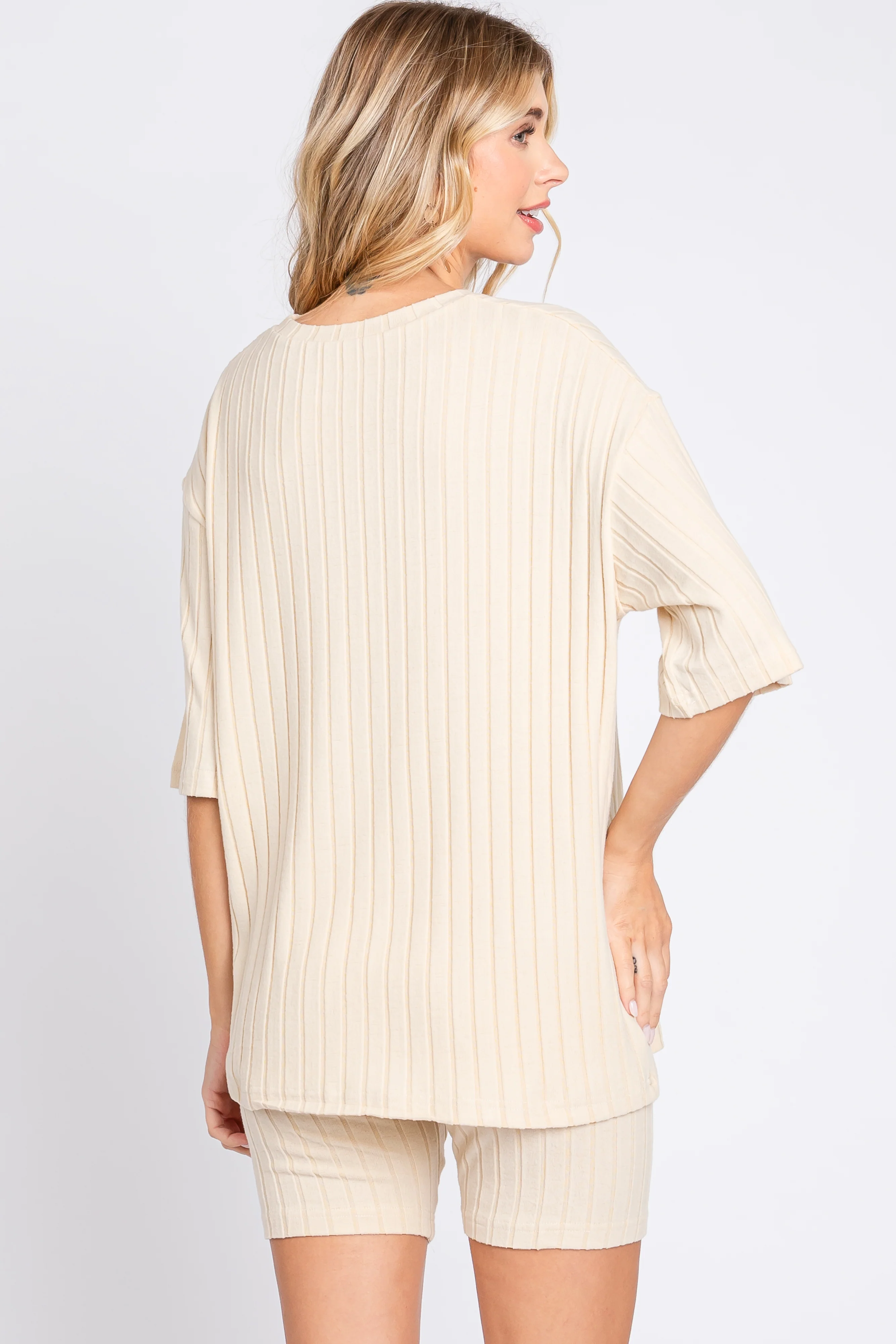 Cream Ribbed Soft Short Sleeve Shorts Set - Image 4