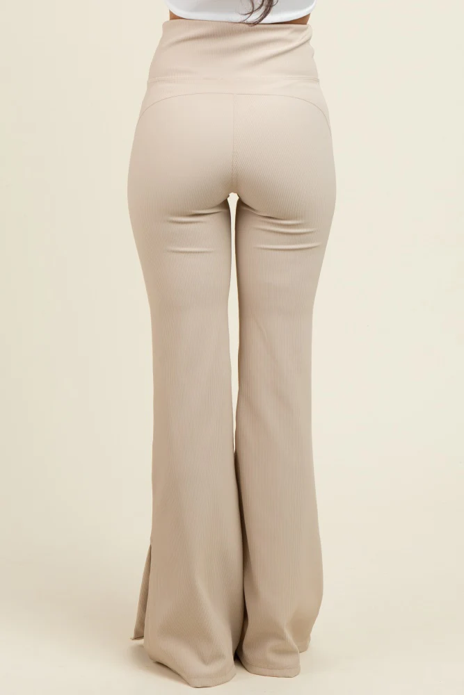 Cream Ribbed Split Flare Leggings - Image 5