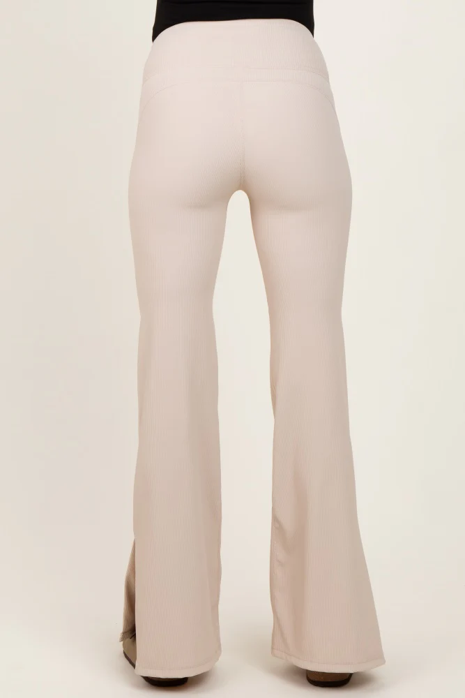 Cream Ribbed Split Flare Maternity Leggings - Image 5