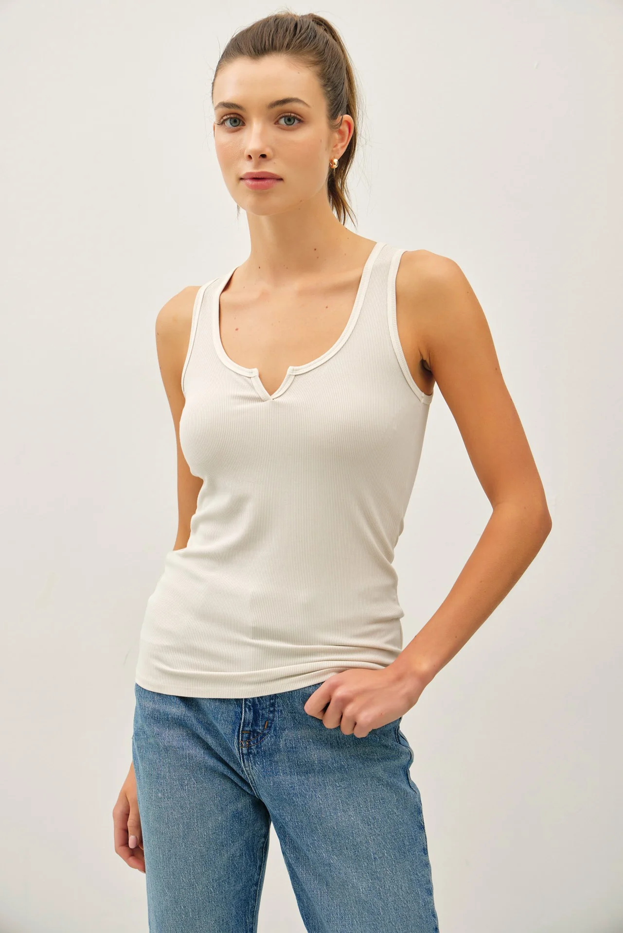 Cream Ribbed Split Neck Maternity Tank Top - Image 5