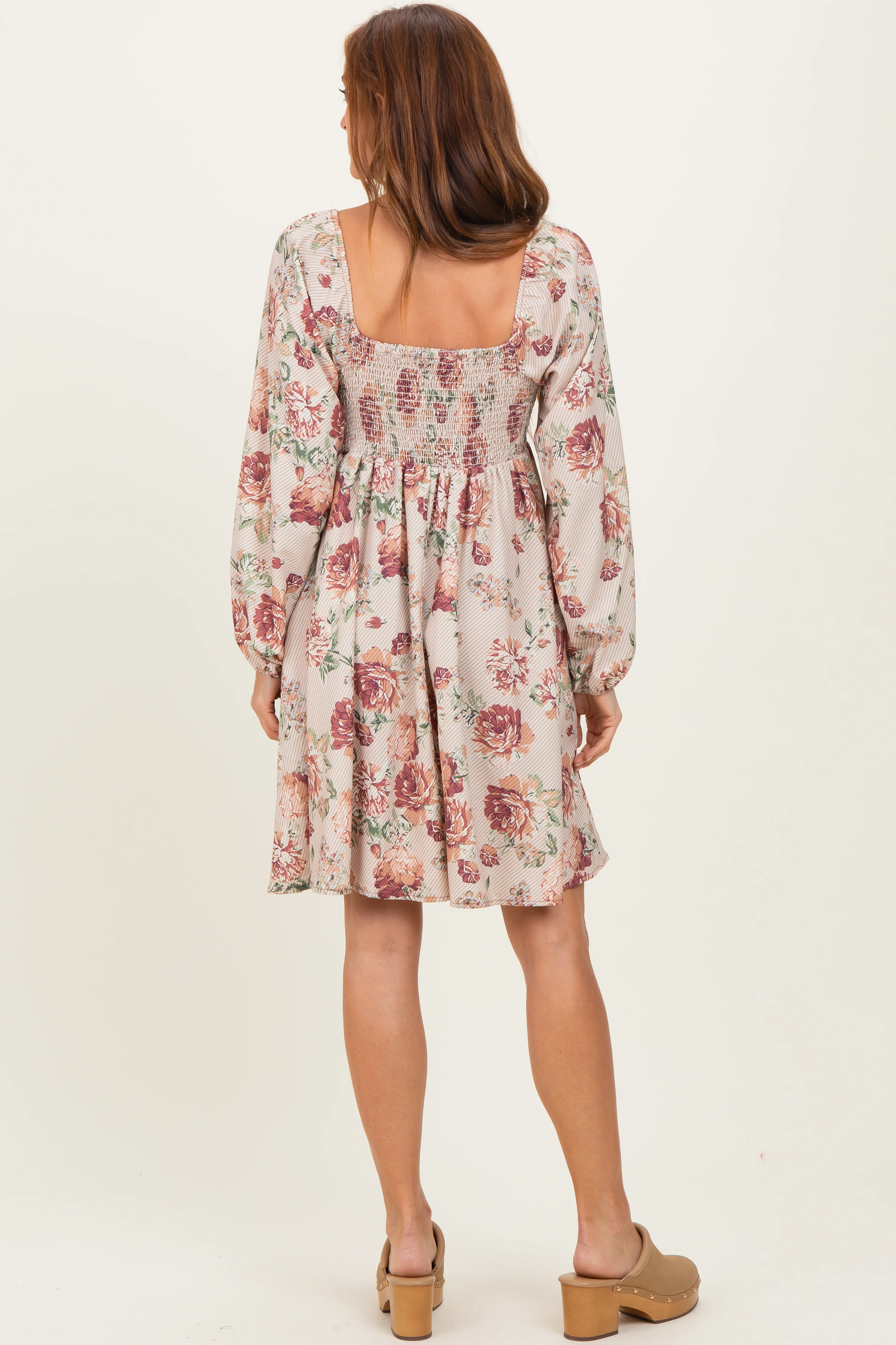 Cream Rose Floral Long Sleeve Dress - Image 4