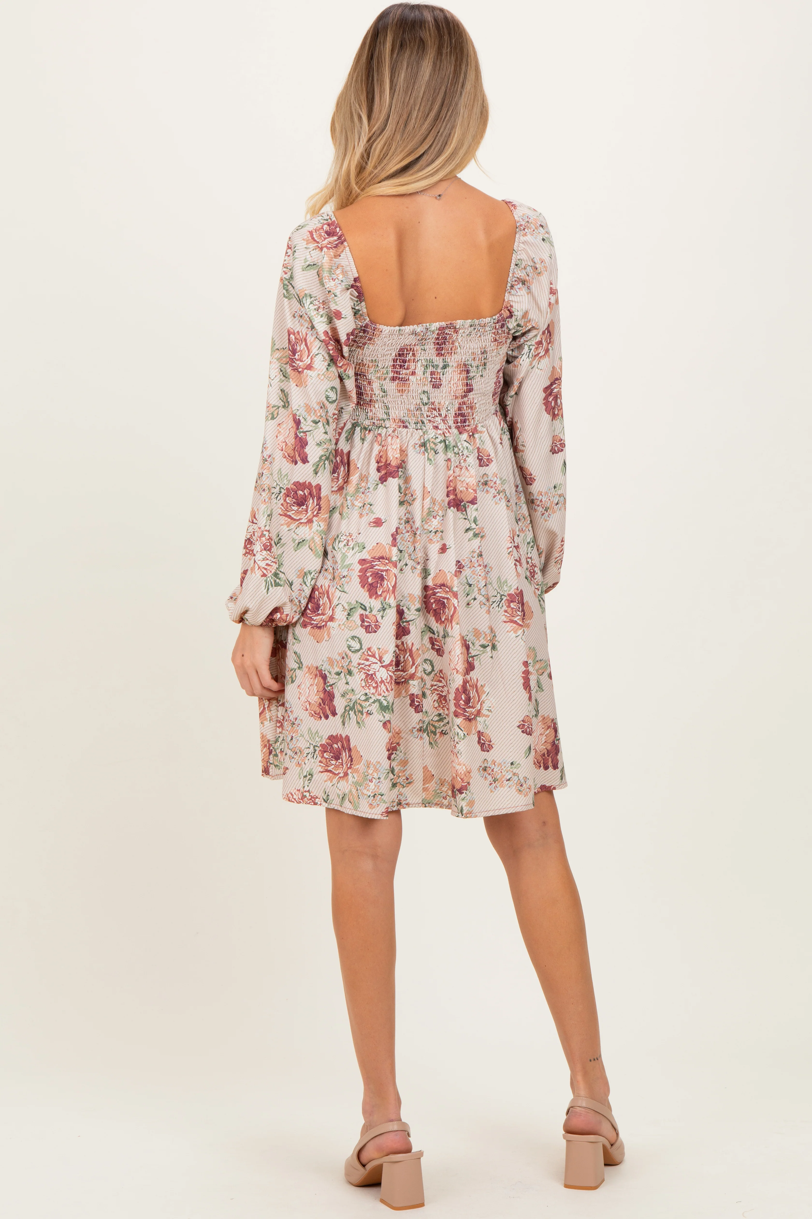 Cream Rose Floral Long Sleeve Maternity Dress - Image 3