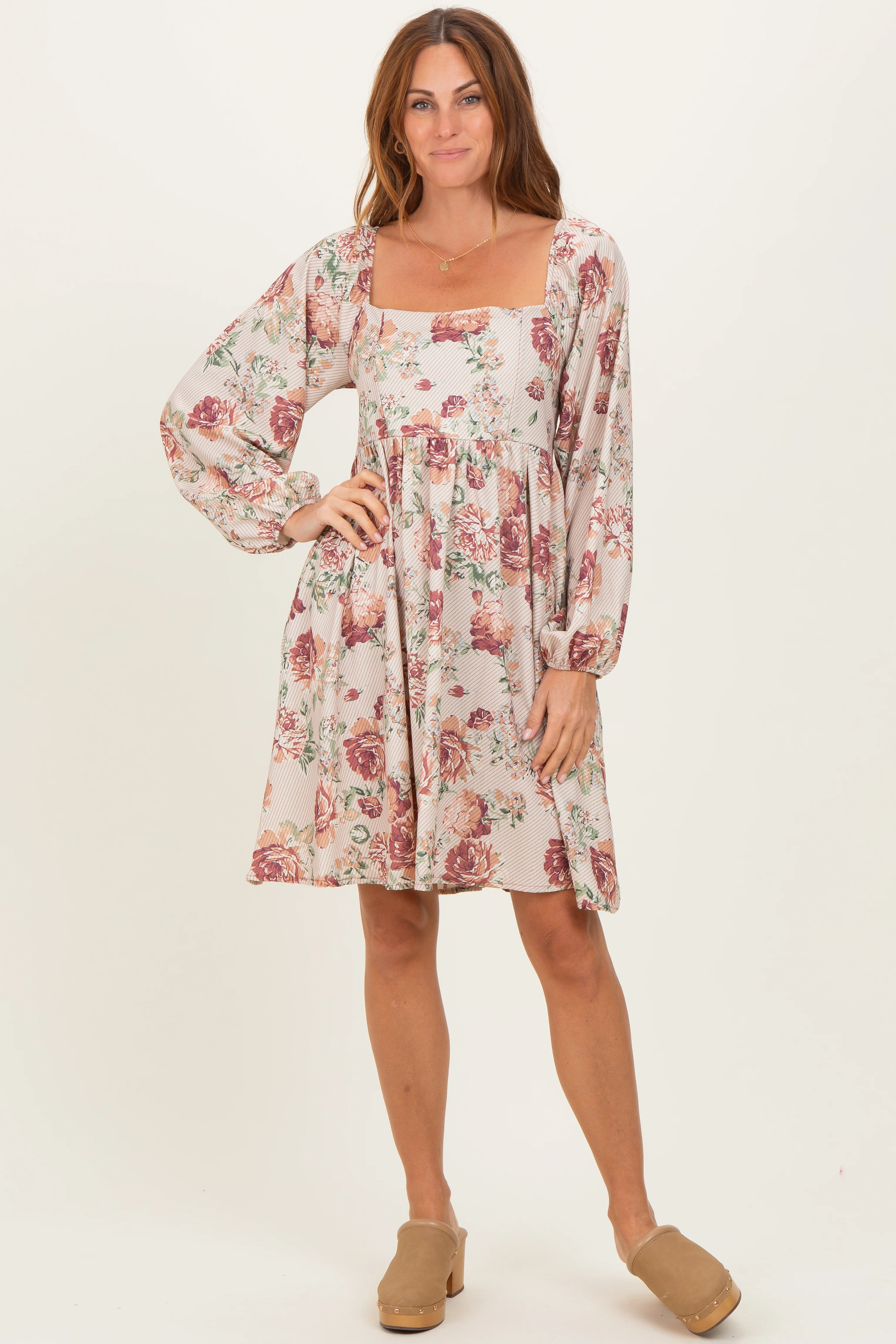 Cream Rose Floral Long Sleeve Maternity Dress - Image 4
