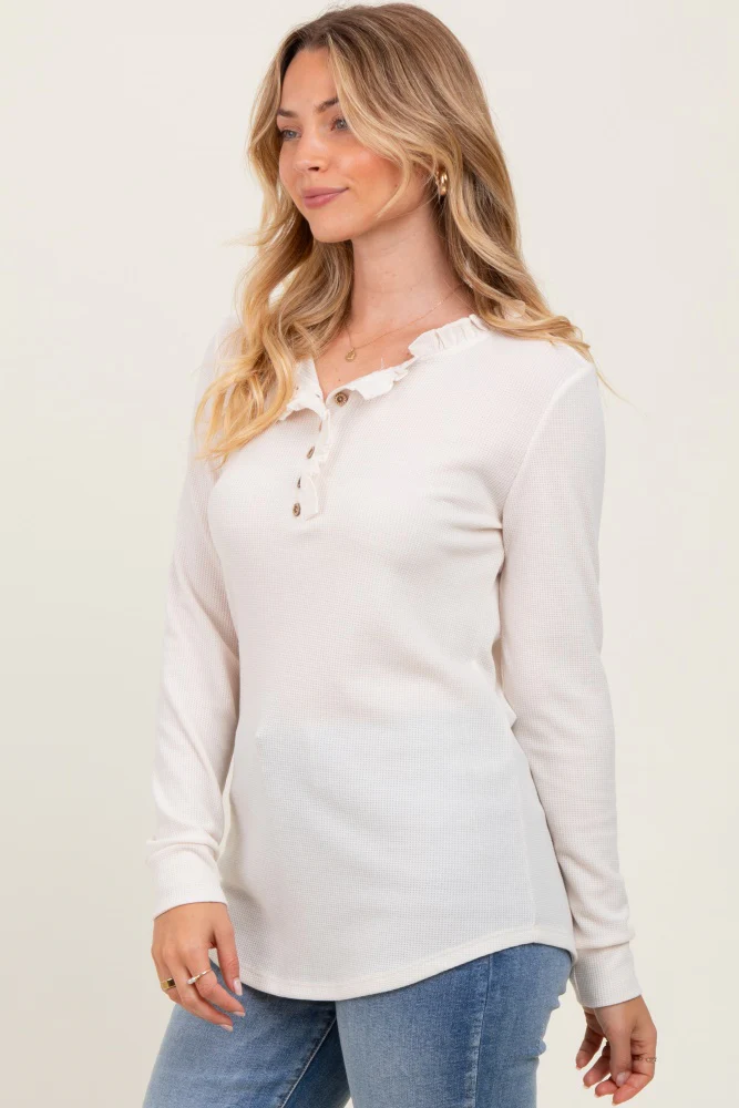 Cream Ruffle Collar Micro Waffle Knit Henley Top - Image 3