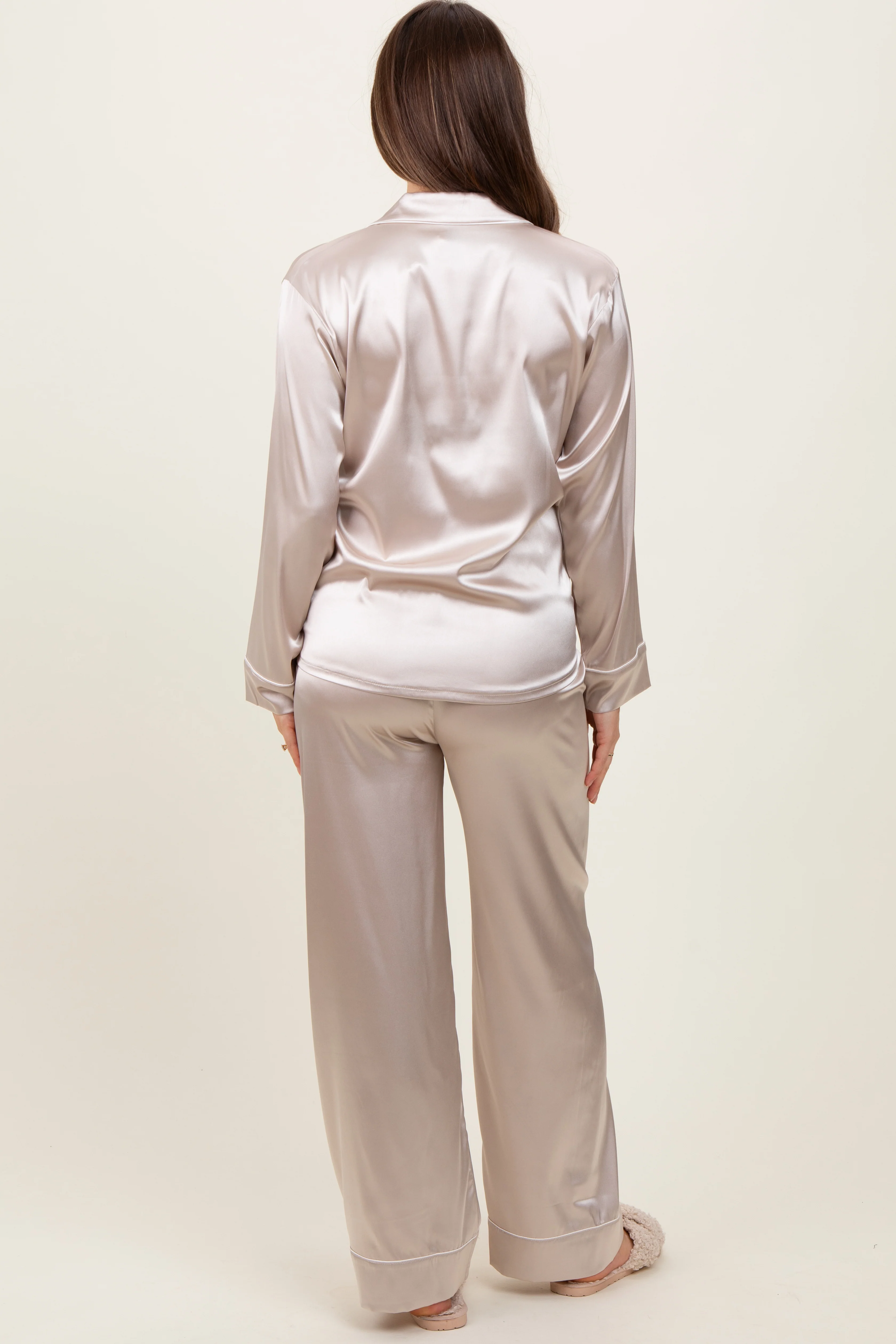 Cream Satin Contrast Trim Long Sleeve Maternity Pajama Set - Image 4