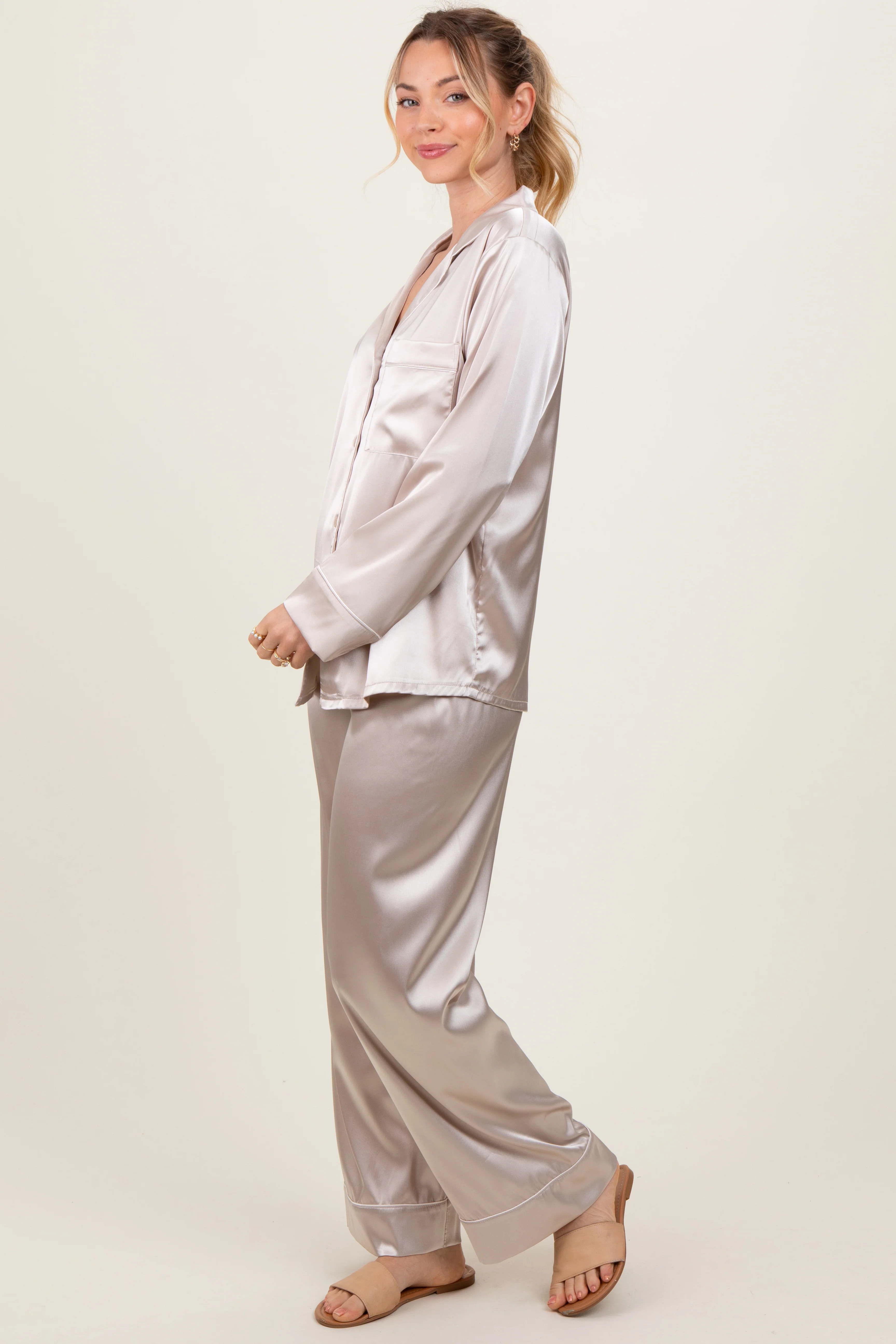 Cream Satin Contrast Trim Long Sleeve Pajama Set - Image 3