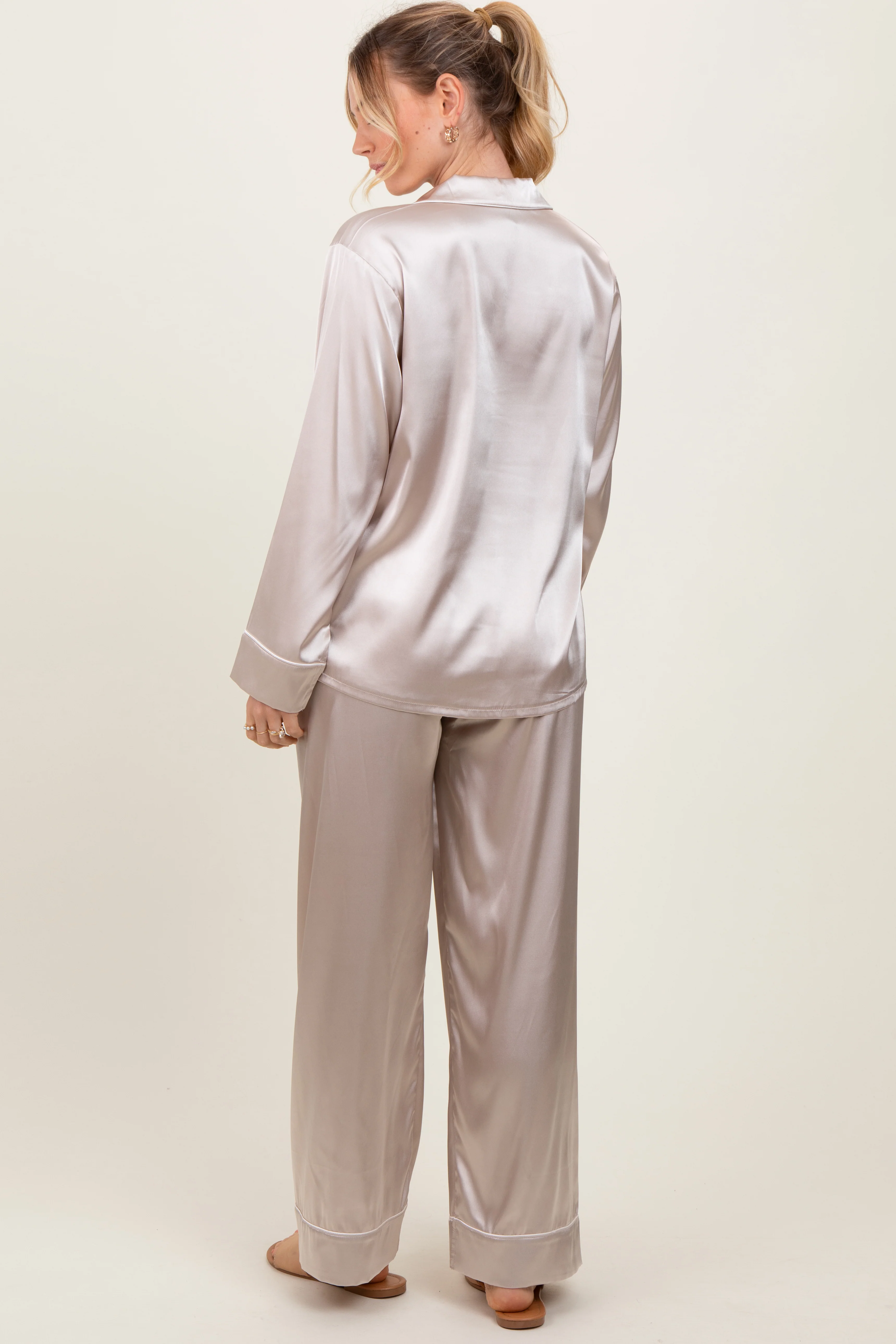 Cream Satin Contrast Trim Long Sleeve Pajama Set - Image 4