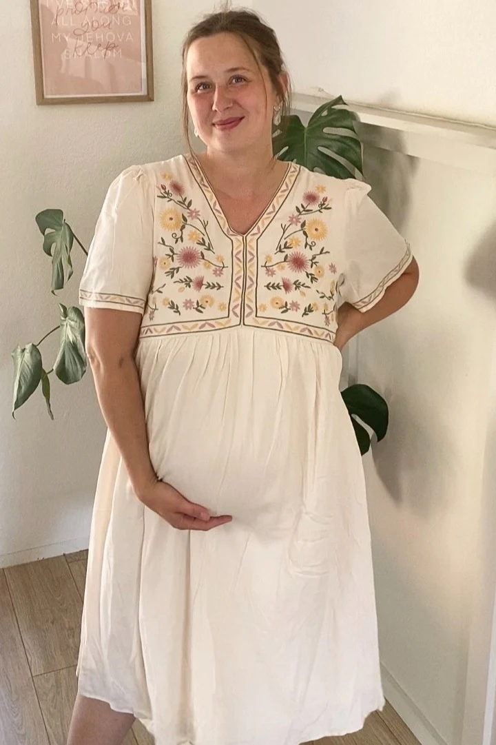 Cream Short Sleeve V-Neck Maternity Midi Dress - Image 5