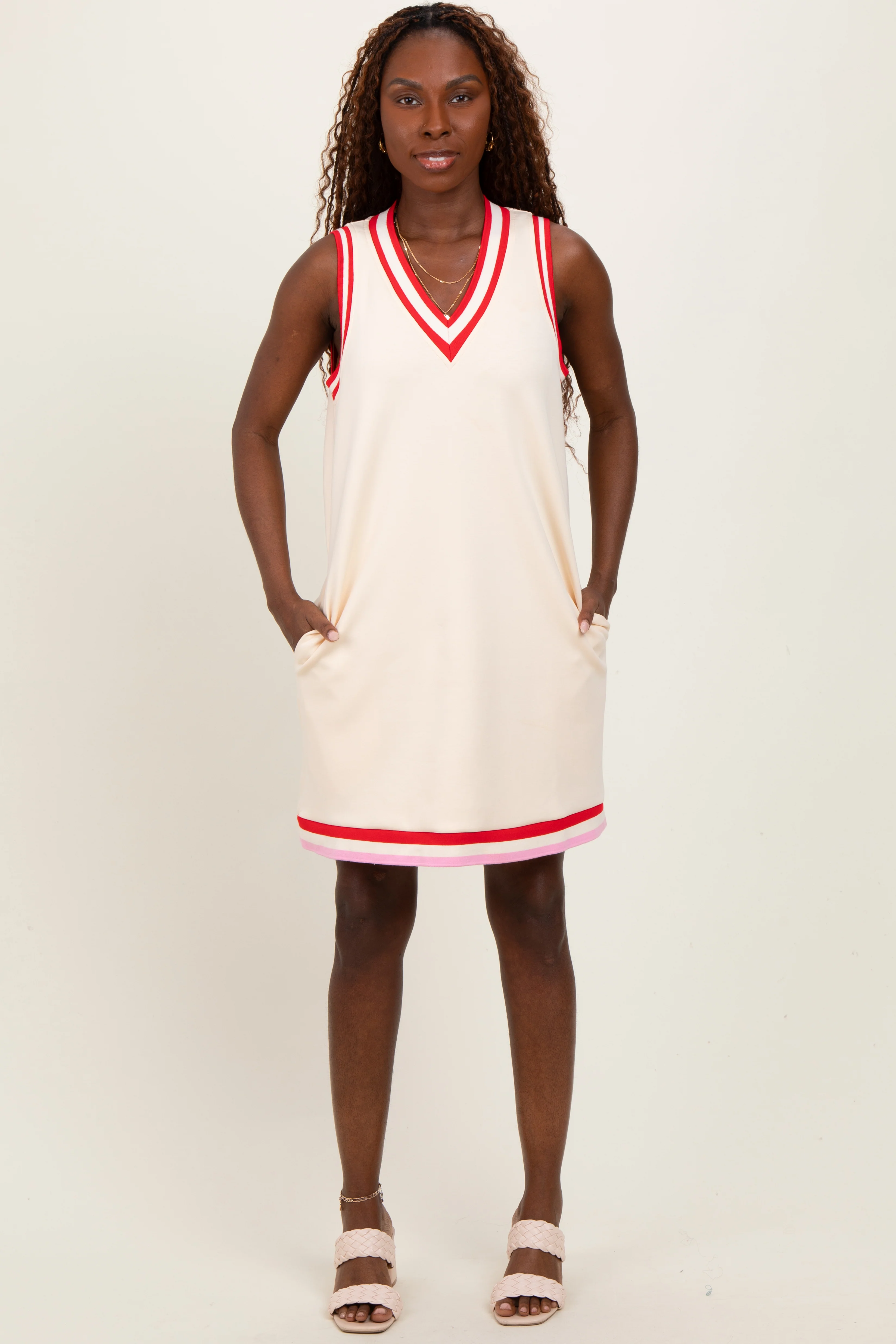 Cream Sleeveless Border Detail V-Neck Mini Dress - Image 2