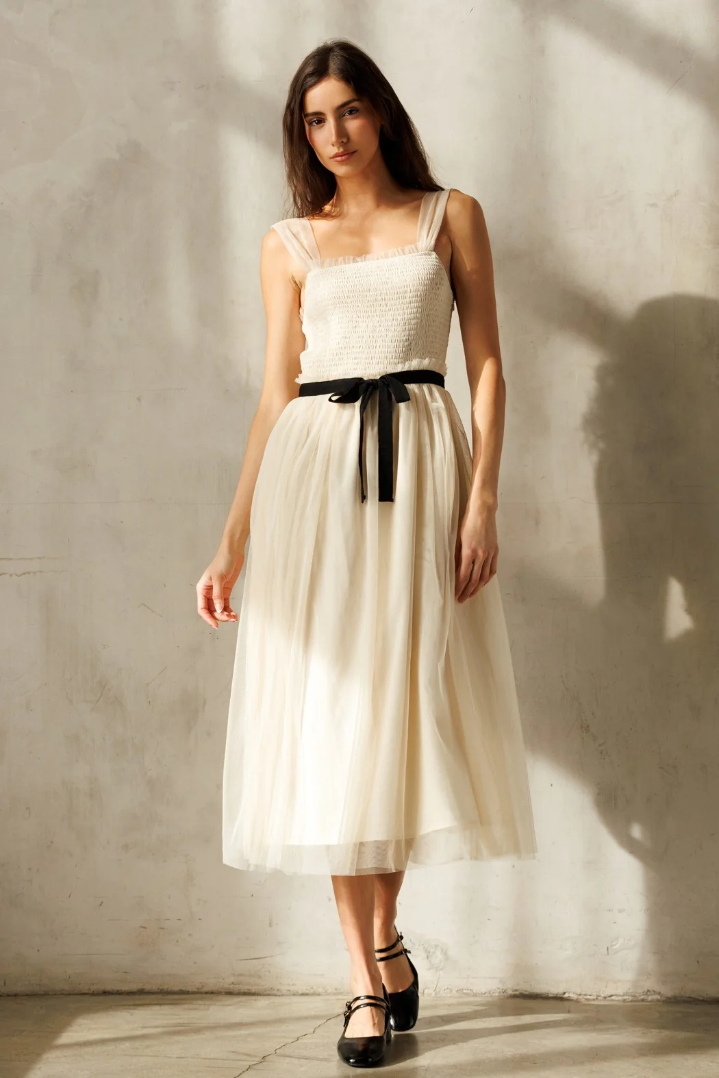 Cream Smocked Contrast Sash Ruffle Tulle Midi Dress - Image 2