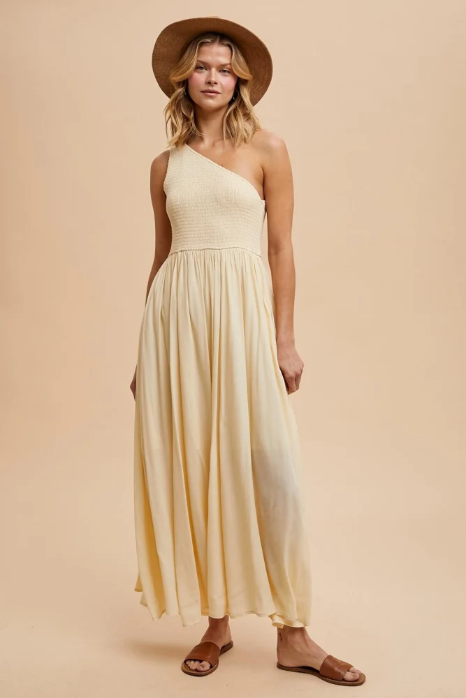 Cream Smocked One Shoulder Maxi Dress - Image 3