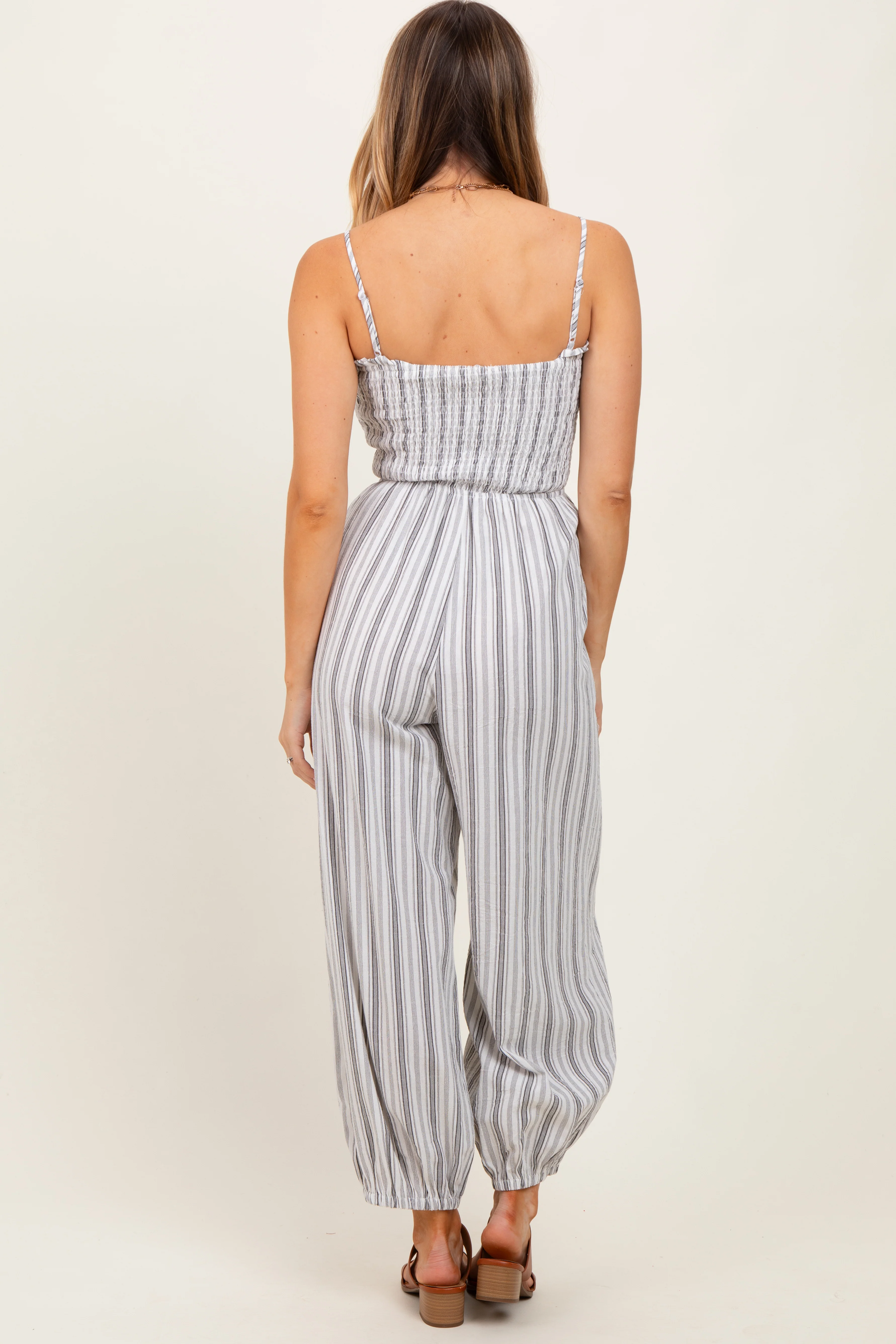 Cream Smocked Striped Balloon Jumpsuit - Image 4