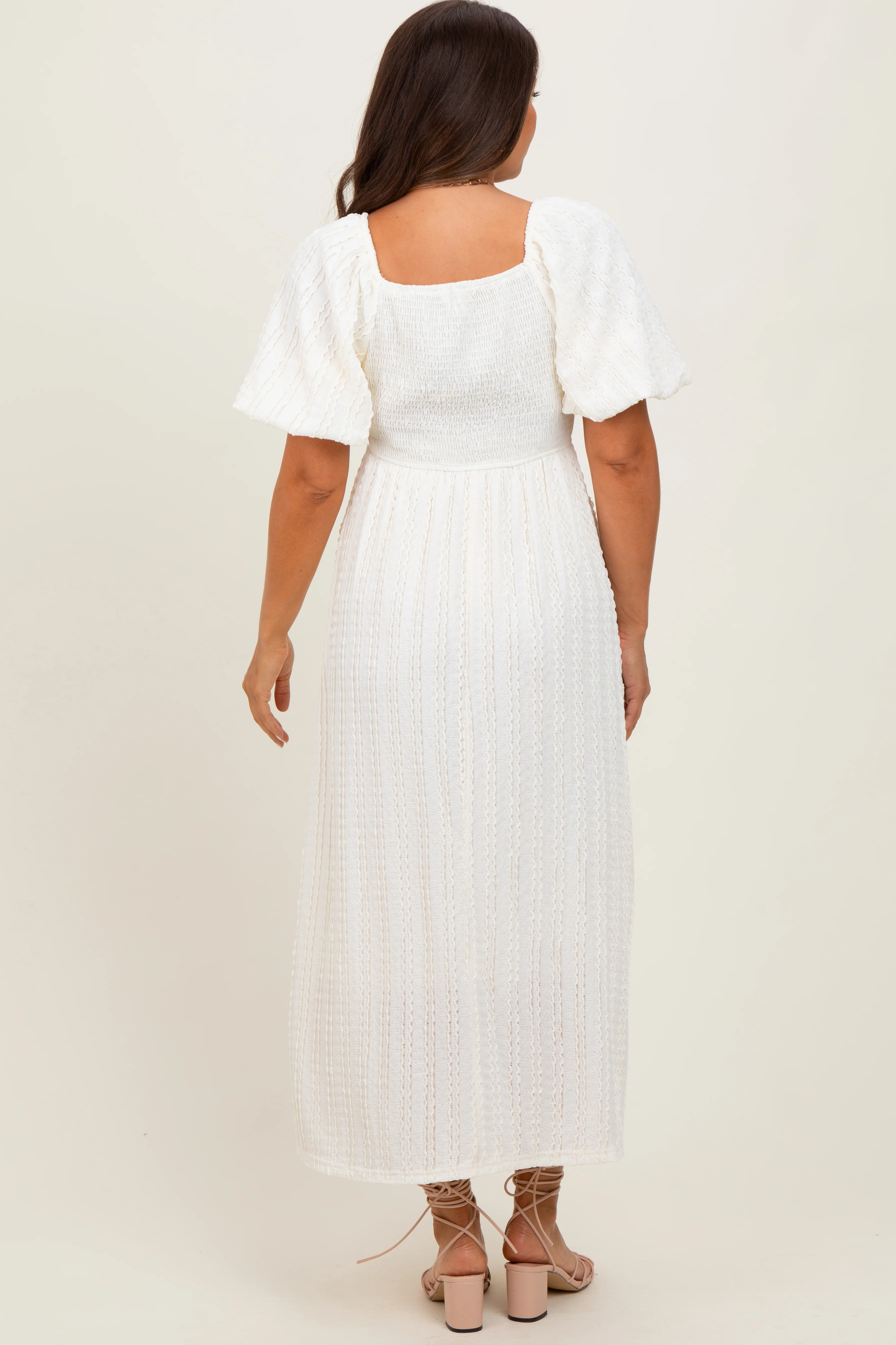 Cream Smocked V-Neck Short Puff Sleeve Textured Maternity Midi Dress - Image 4
