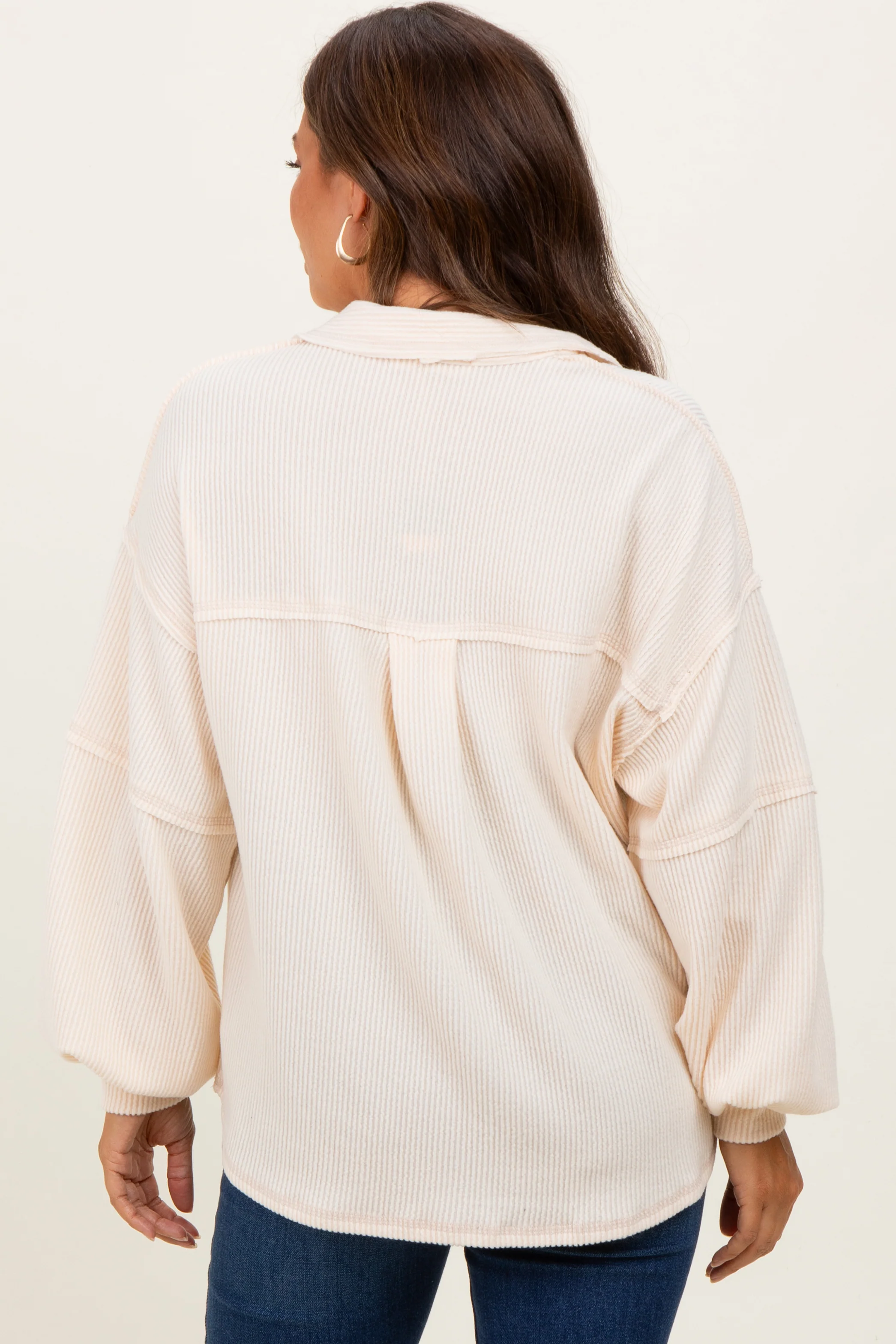 Cream Solid Ribbed Long Sleeve Pocketed Collared V-Neck Maternity Top - Image 4