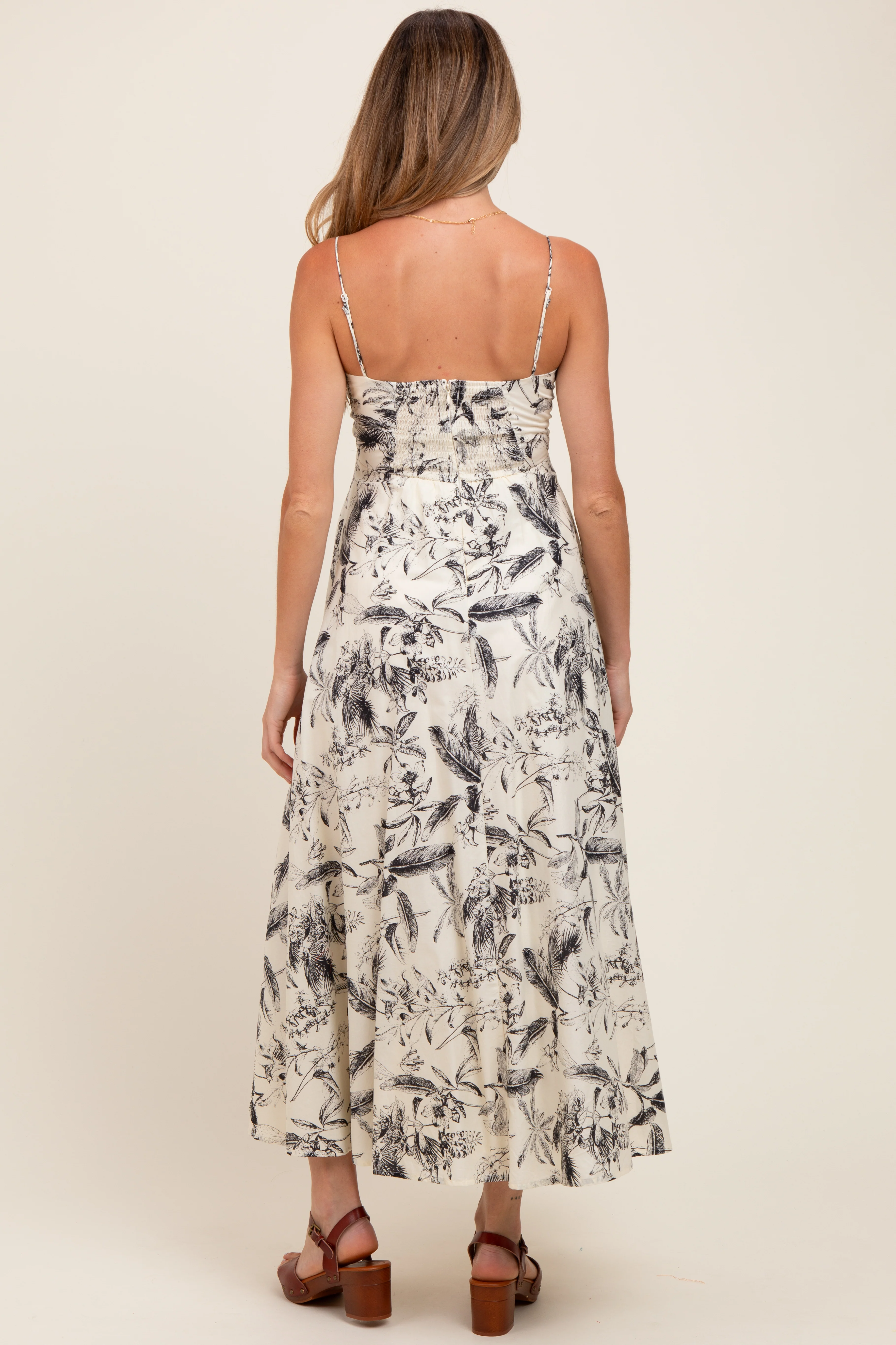 Cream Spaghetti Strap Printed A-Line Maternity Midi Dress - Image 4
