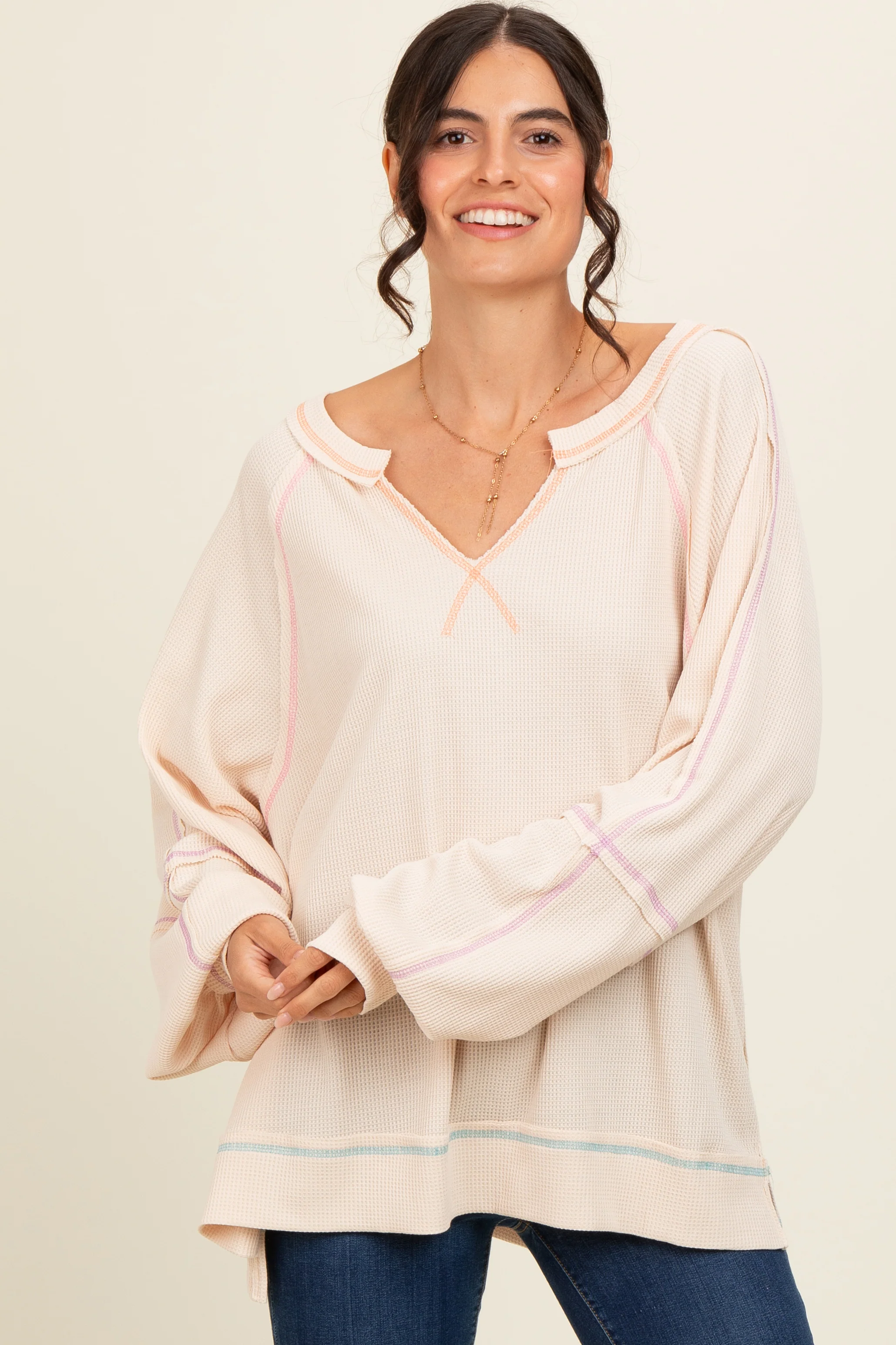 Cream Split Neck Oversized Maternity Long Sleeve Top - Image 6