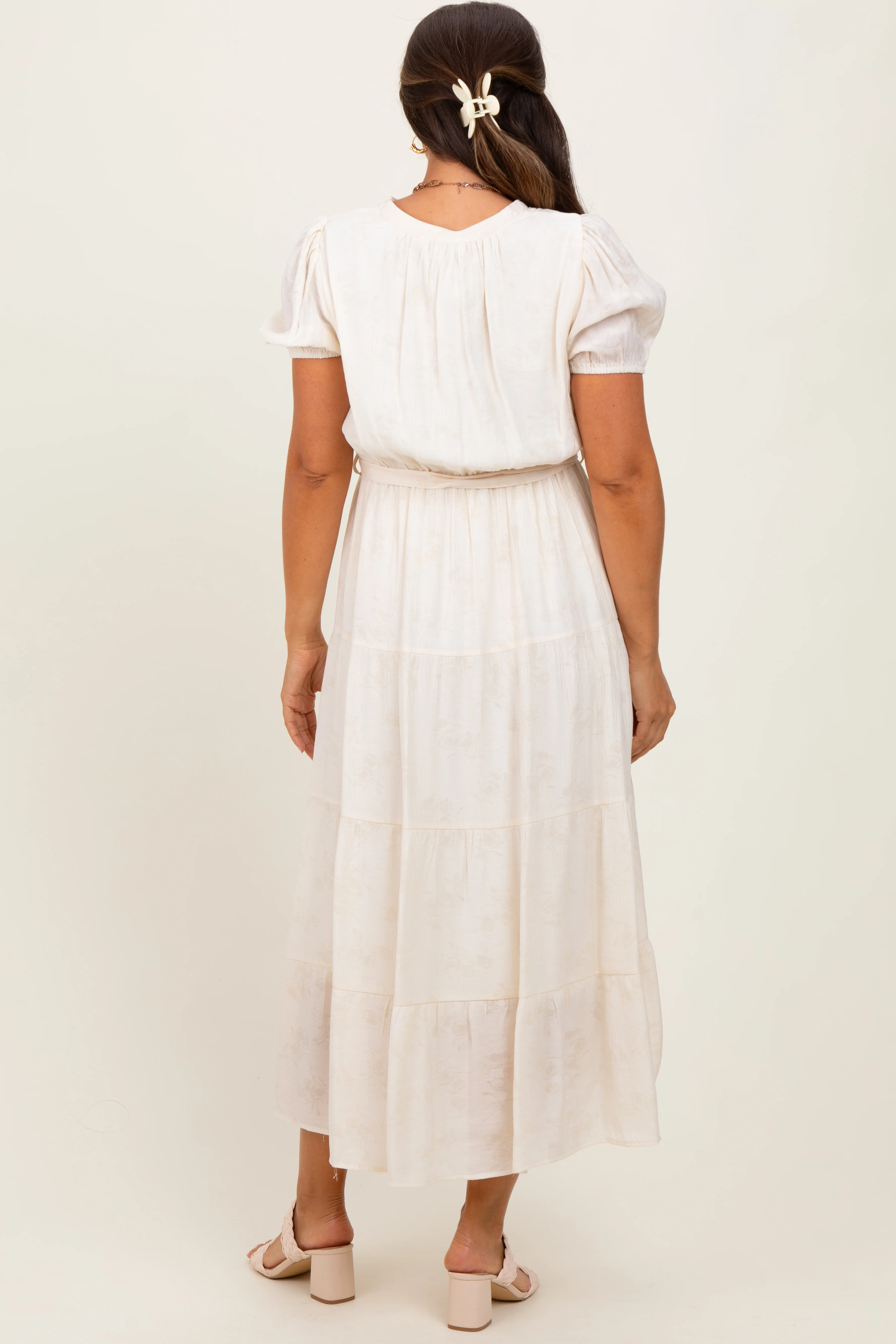 Cream Split Neckline Tiered Maternity Midi Dress - Image 3