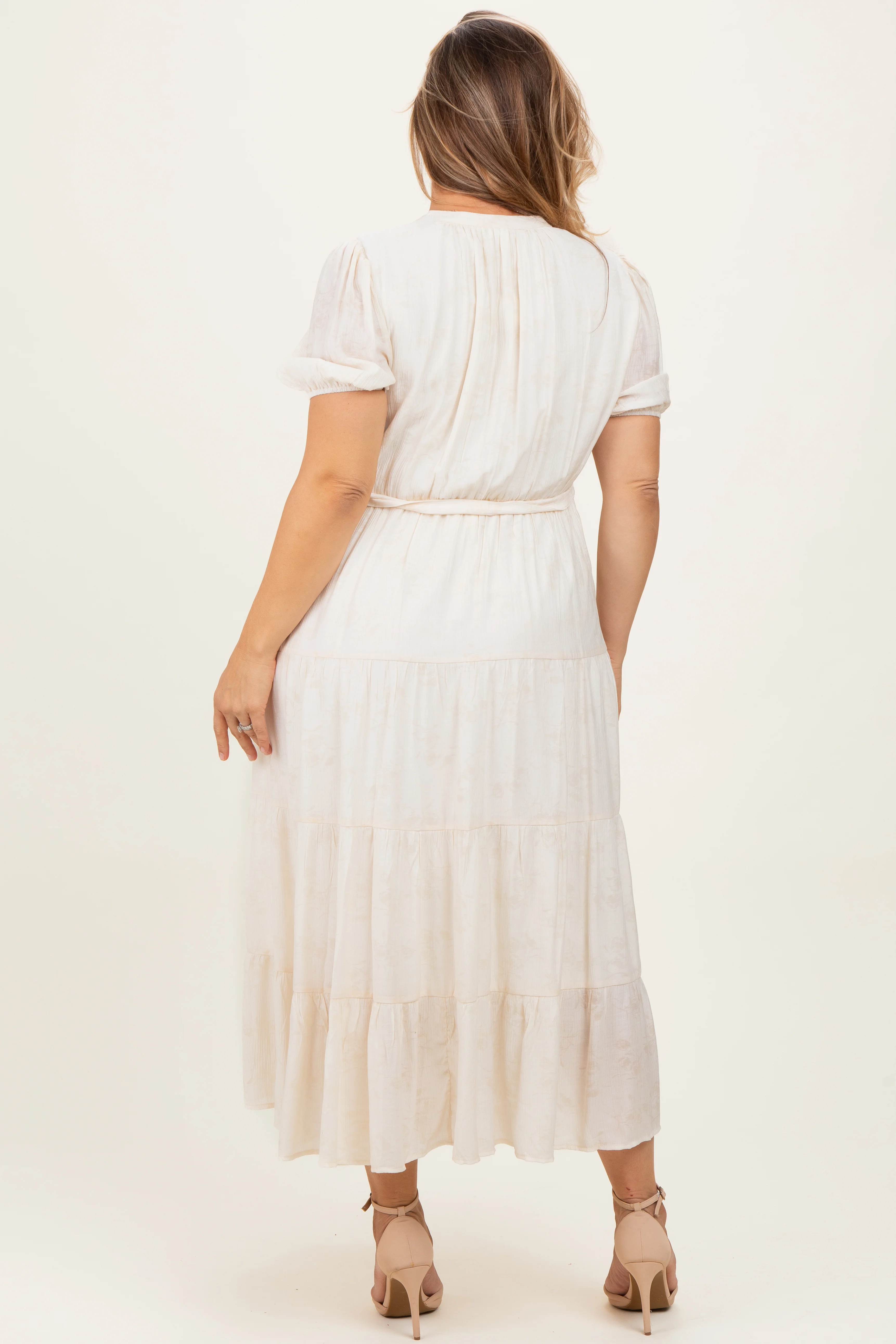 Cream Split Neckline Tiered Maternity Plus Midi Dress - Image 3