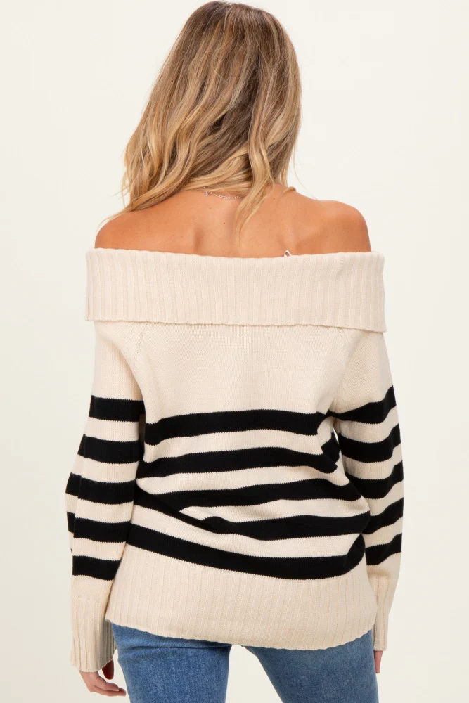 Cream Striped Off Shoulder Maternity Sweater - Image 5