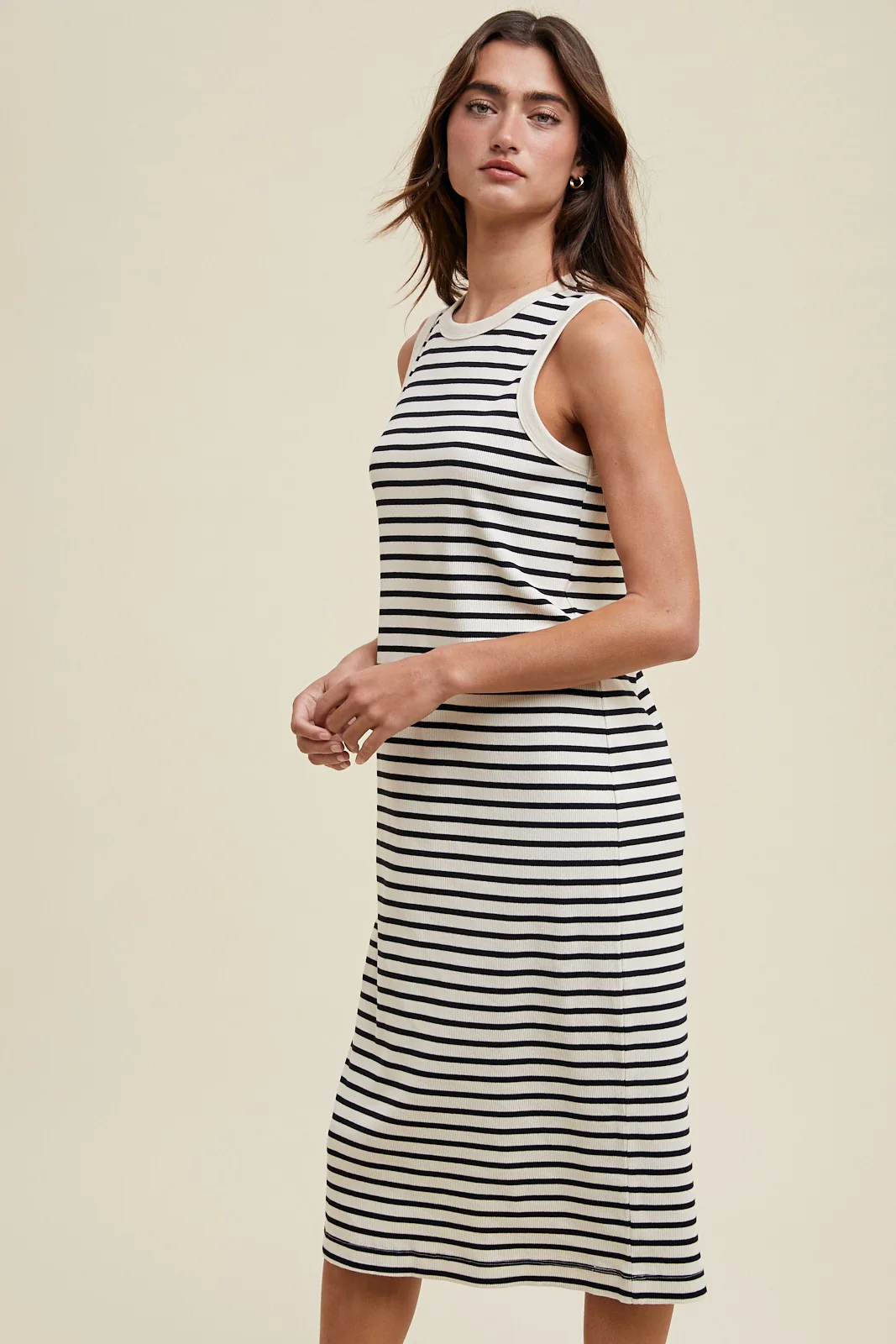 Cream Striped Ribbed Knit Sleeveless Midi Dress - Image 3
