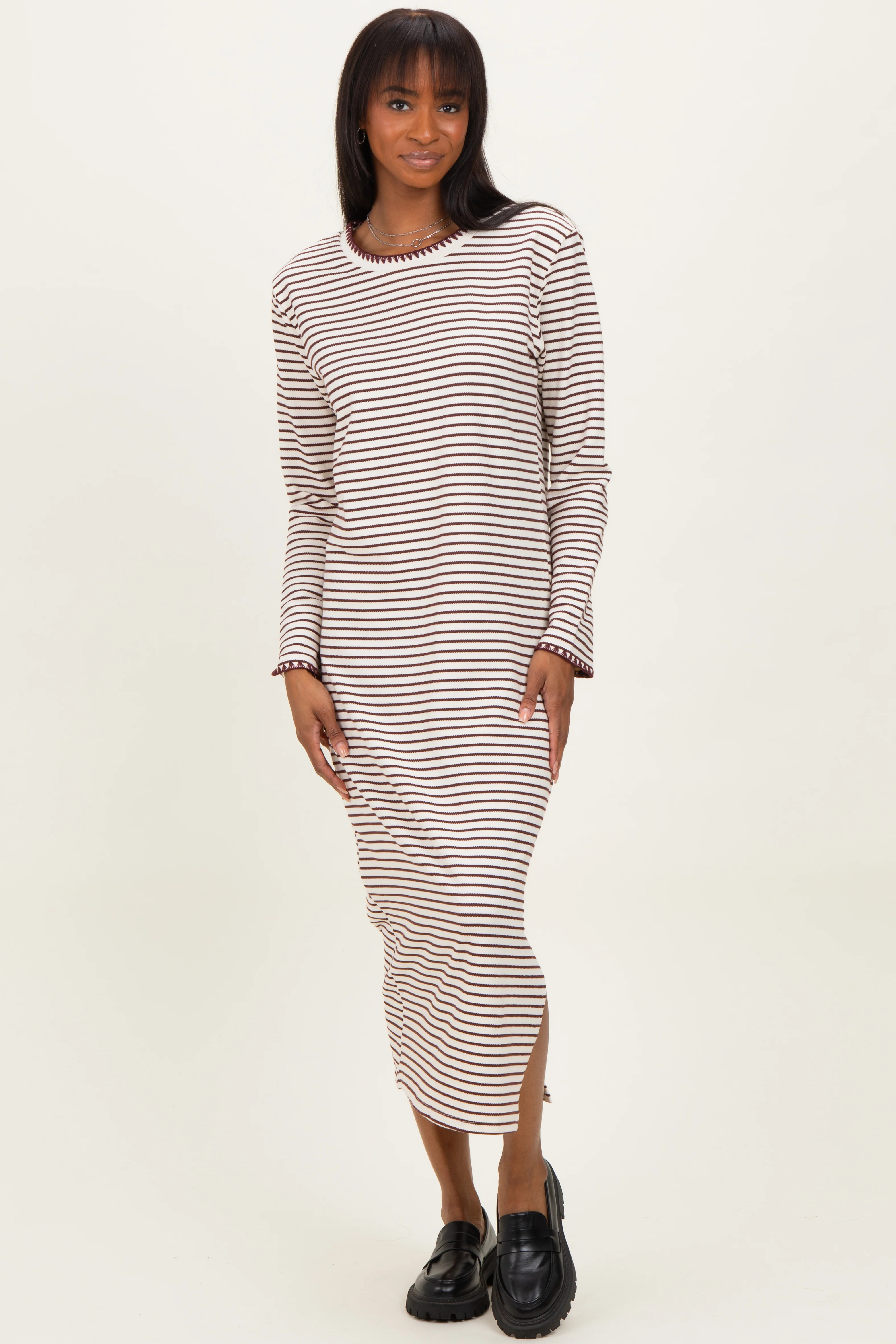 Cream Striped Stitch Detail Long Sleeve Maternity Midi Dress - Image 4
