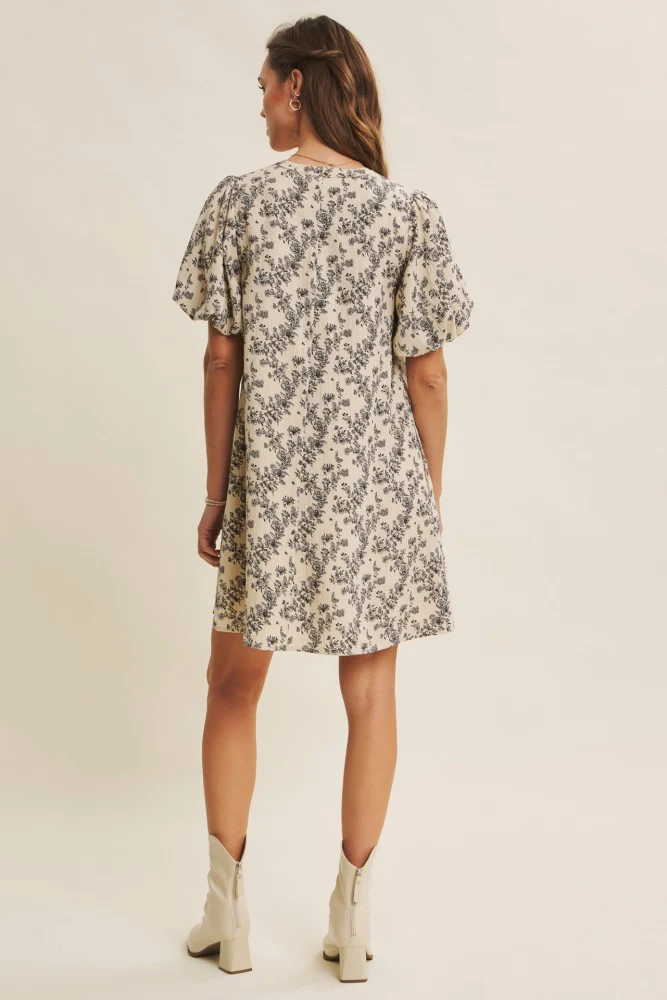 Cream Textured Floral Bubble Sleeve A-Line Mini Dress - Image 3