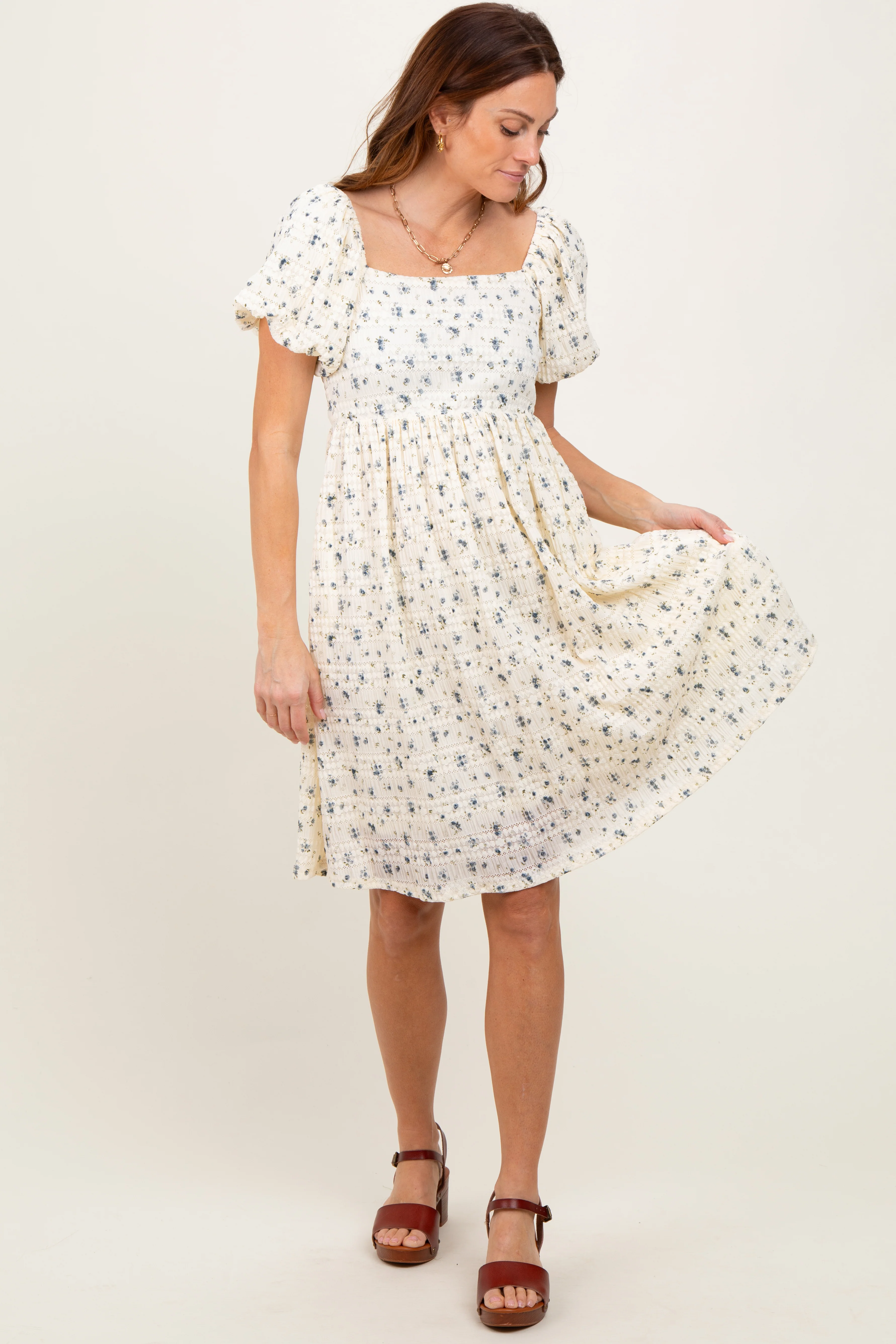 Cream Textured Knit Square Neck Midi Dress - Image 2