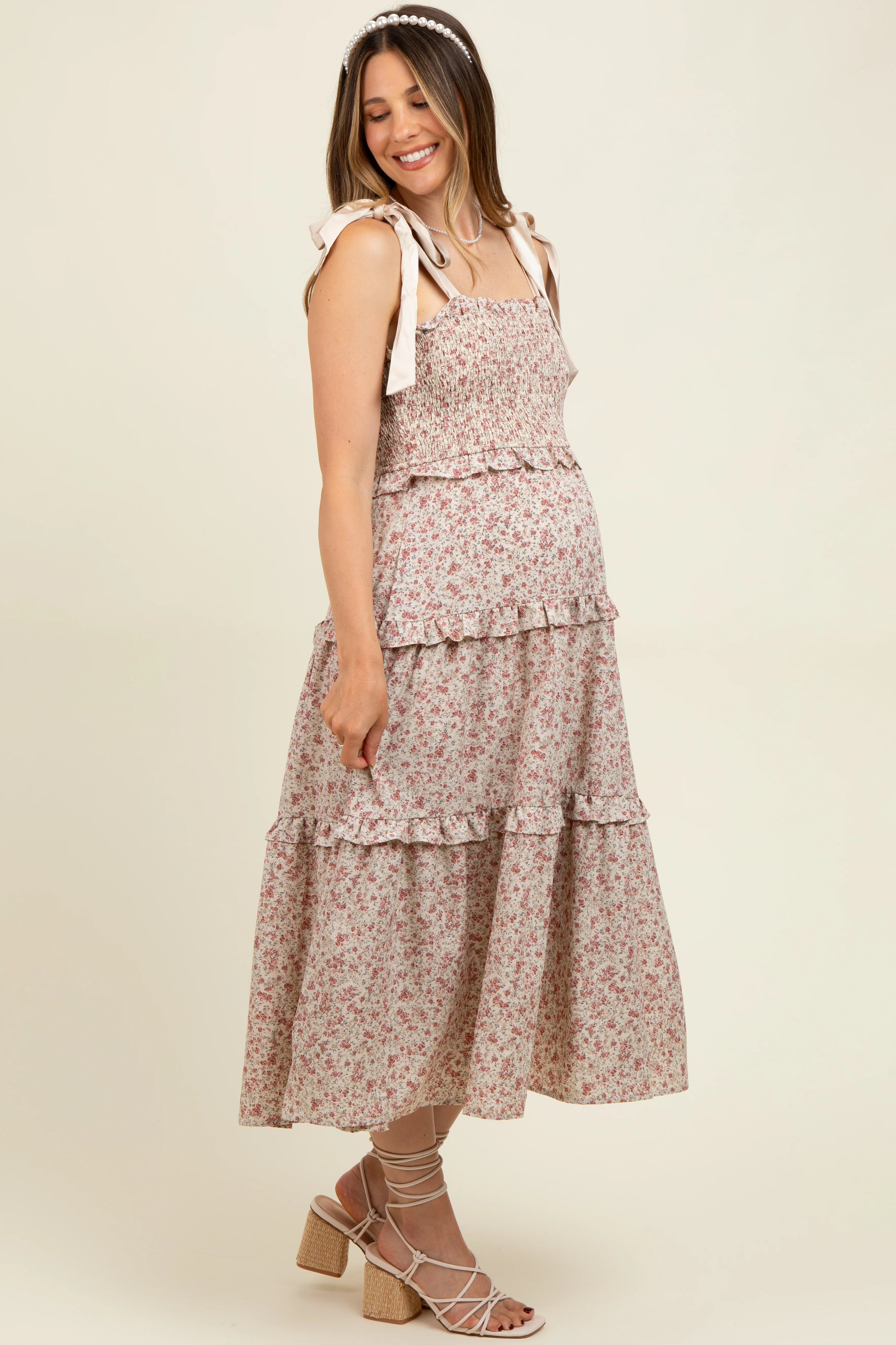 Cream Tie Shoulder Detail Floral Maternity Midi Dress - Image 3