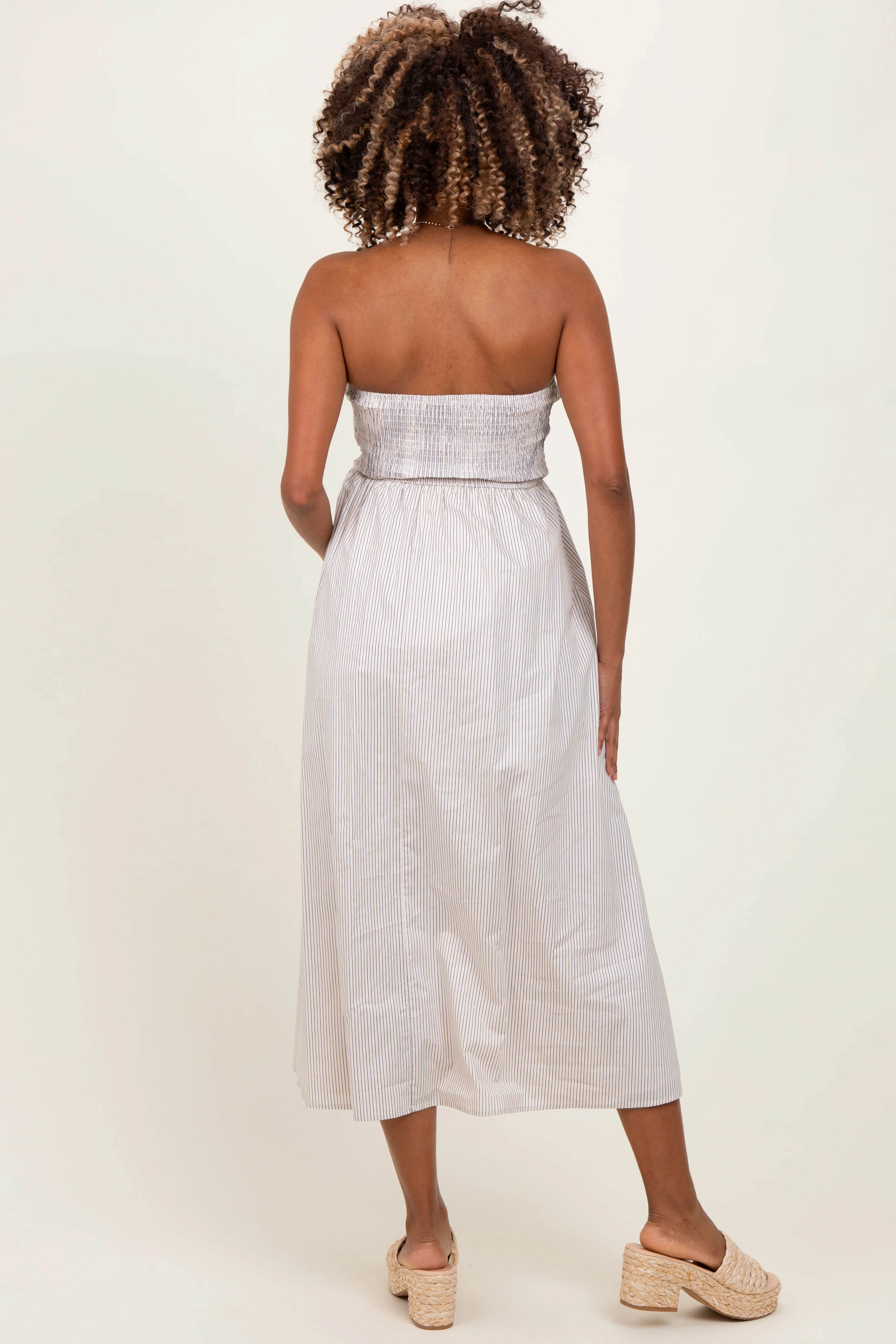 Cream Tube Striped Black Smocking Maternity Maxi Dress - Image 3
