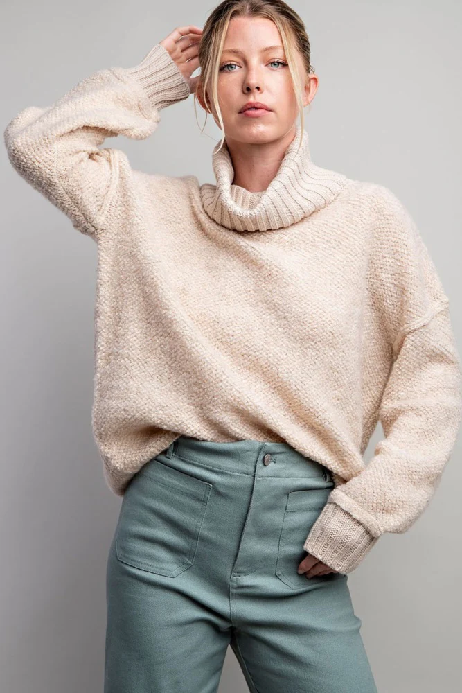 Cream Turtleneck Boucle Sweater - Image 3