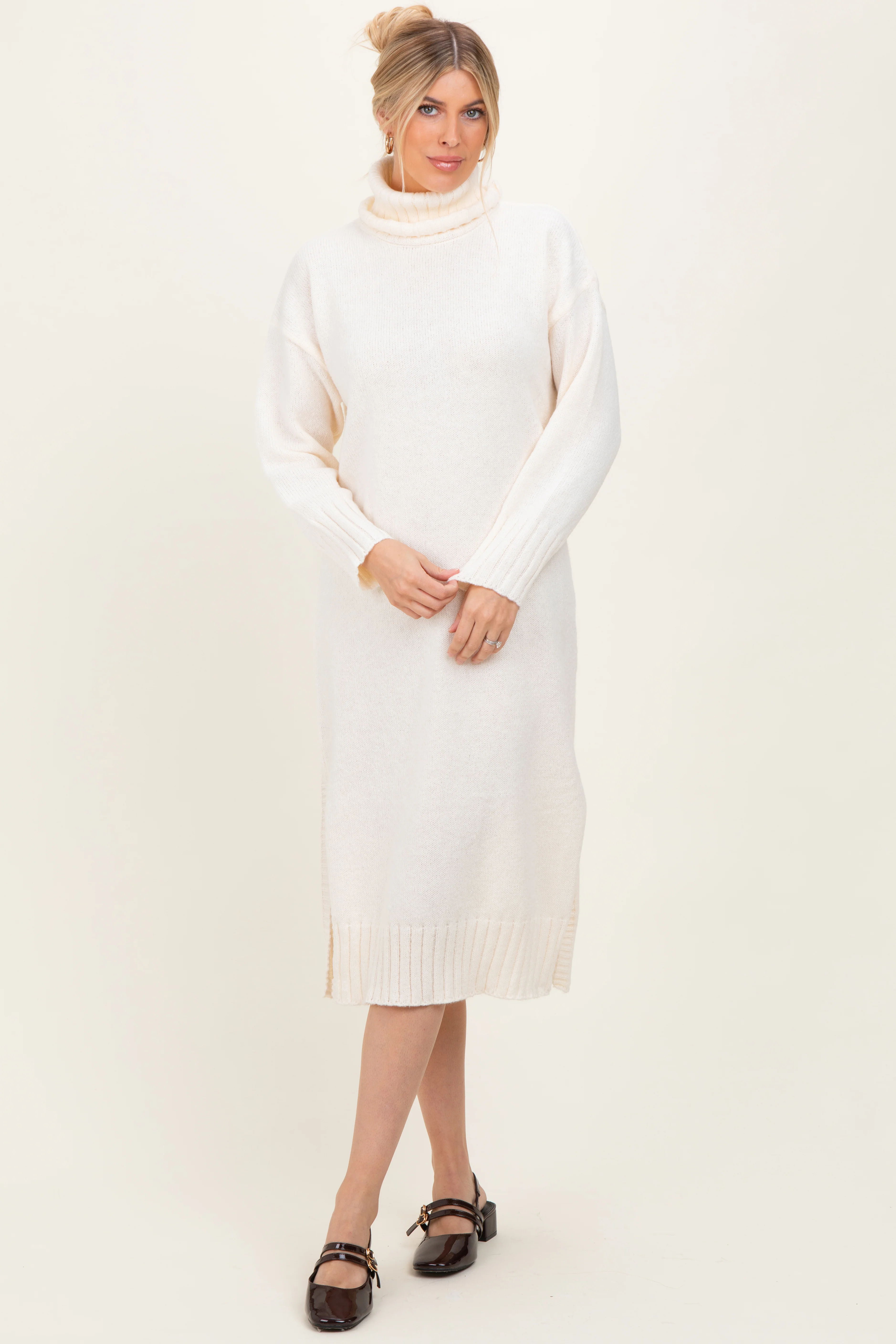 Cream Turtleneck Chunky Knit Midi Sweater Dress - Image 2