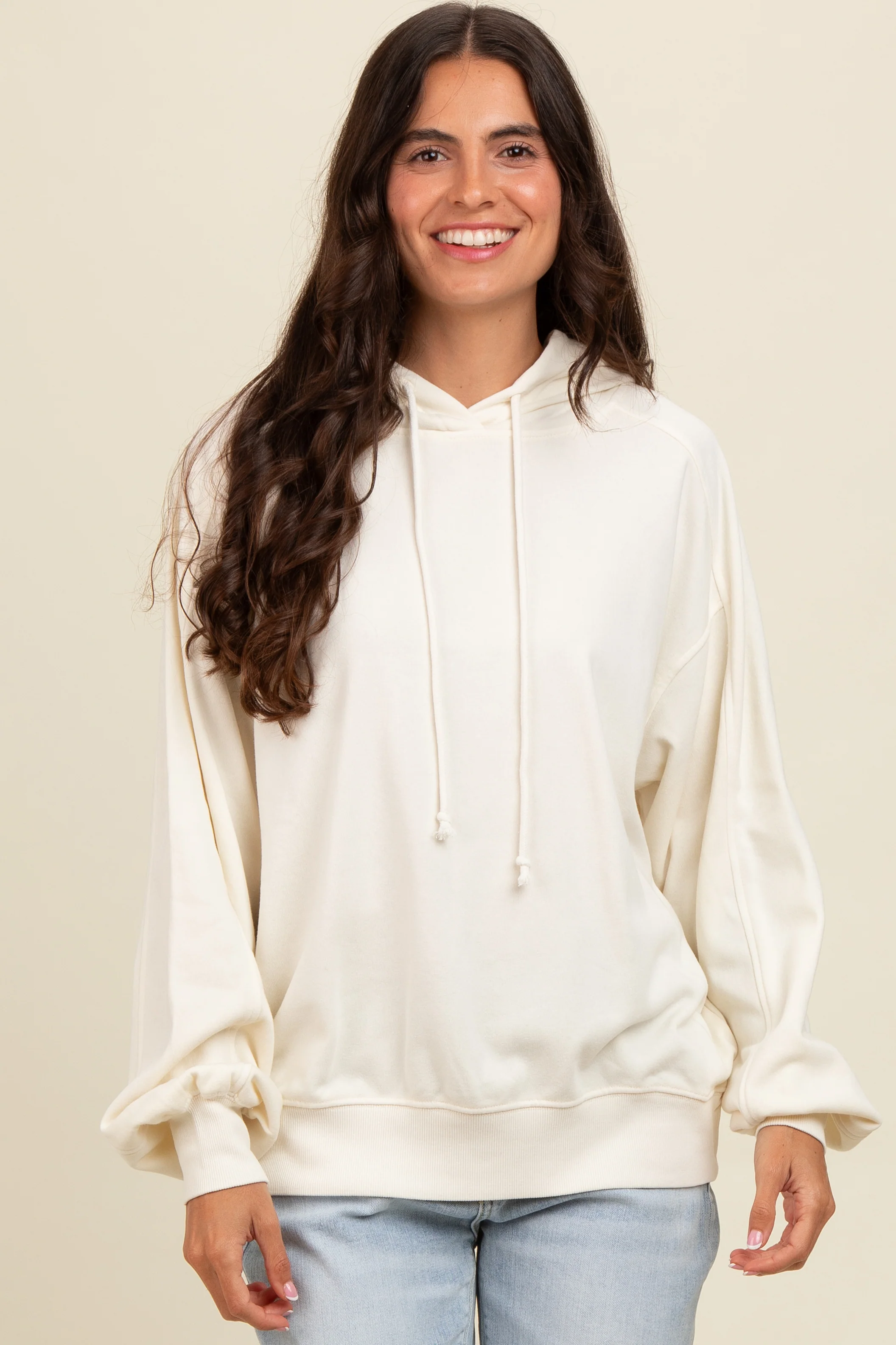 Cream Vintage Wash Oversized Drawstring Hoodie - Image 2