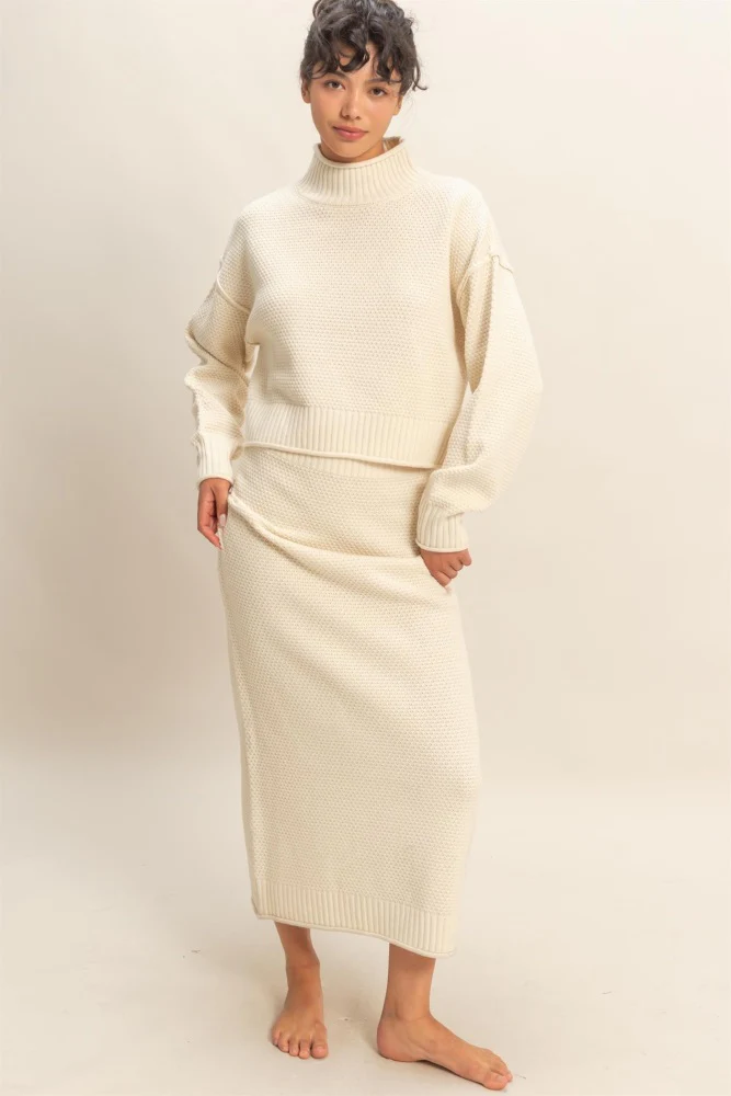 Cream Waffle Knit High Neck Sweater Skirt Maternity Set - Image 5