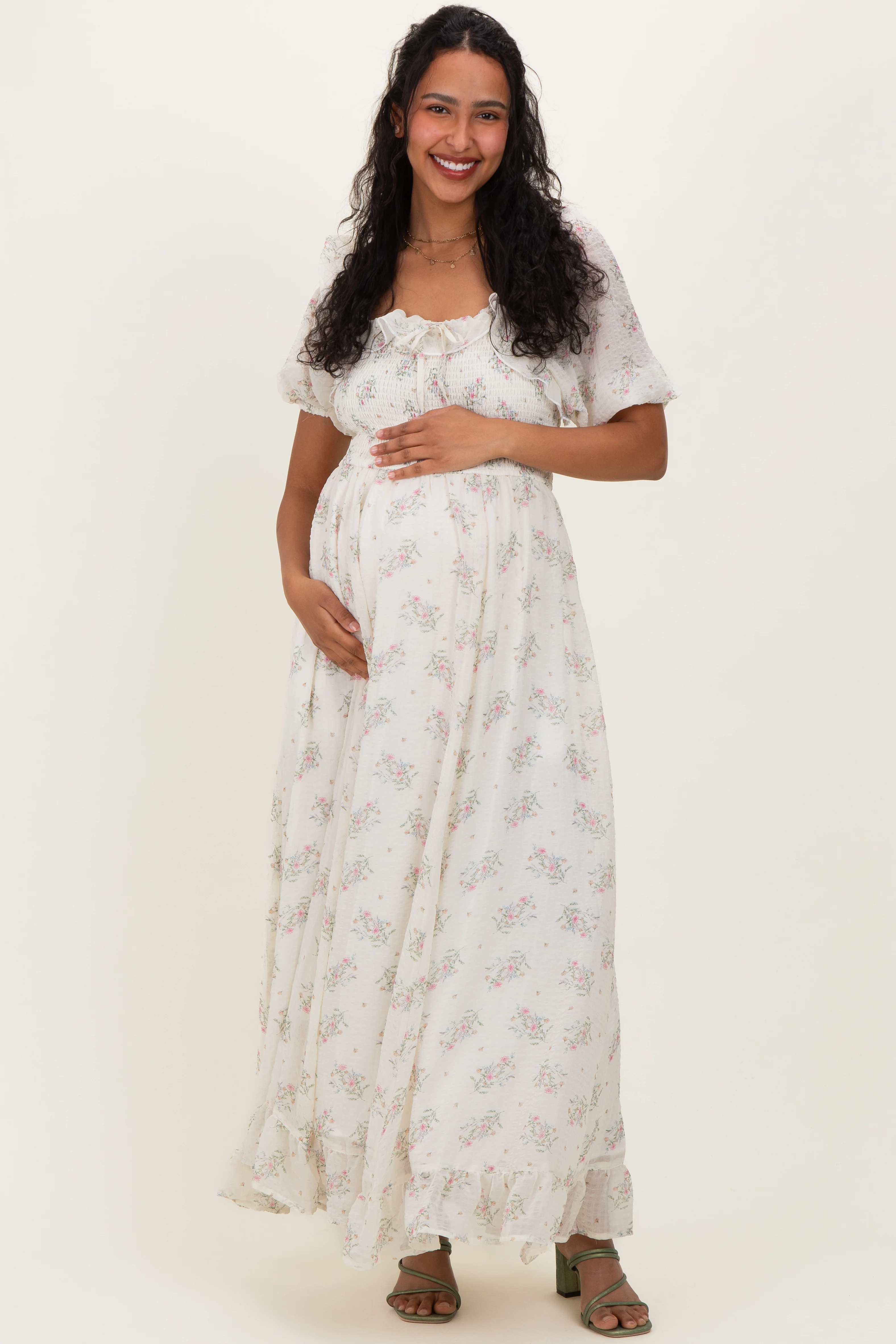Creme Floral Chiffon Smocked Ruffle Maternity Maxi Dress