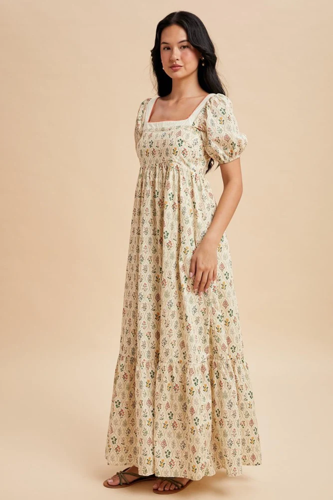 Creme Floral Cotton Puff Sleeve Maxi Dress - Image 3