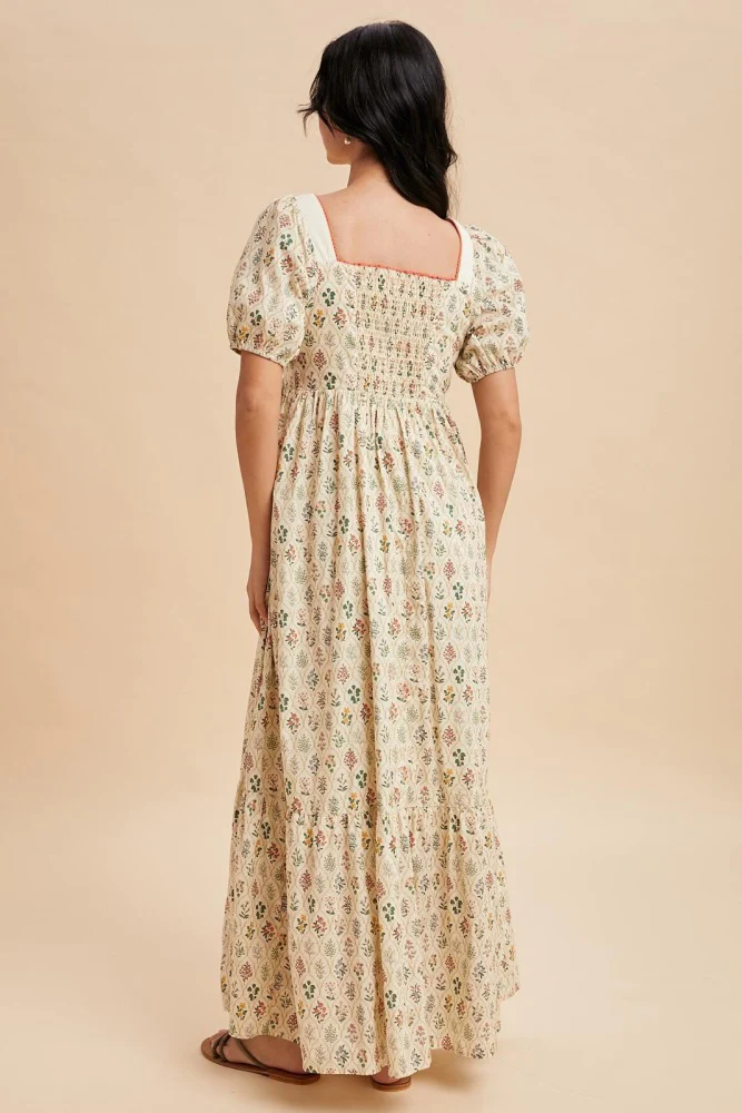 Creme Floral Cotton Puff Sleeve Maxi Dress - Image 4