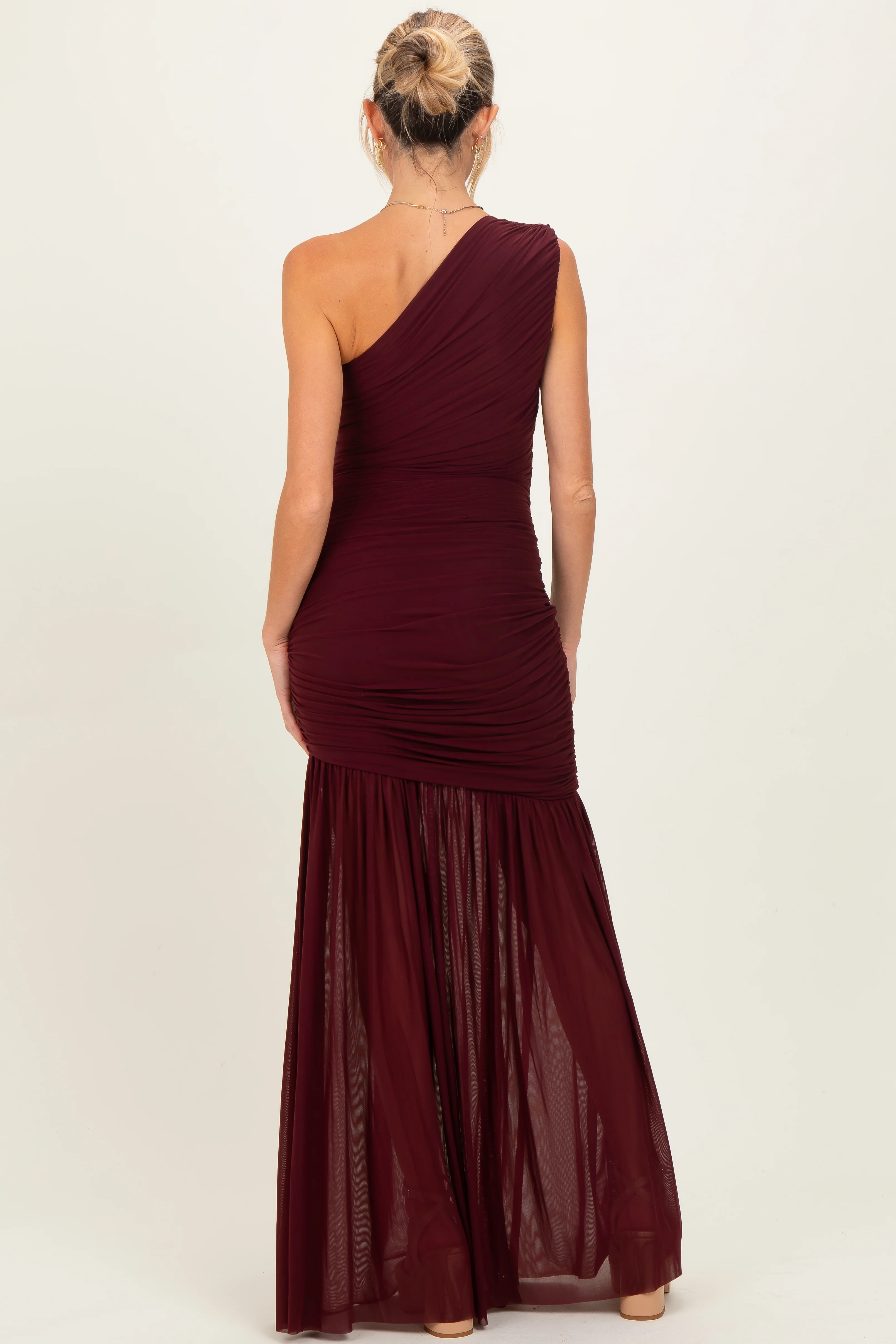 Dark Burgundy Ruched Mesh One Shoulder Maternity Maxi Dress - Image 5