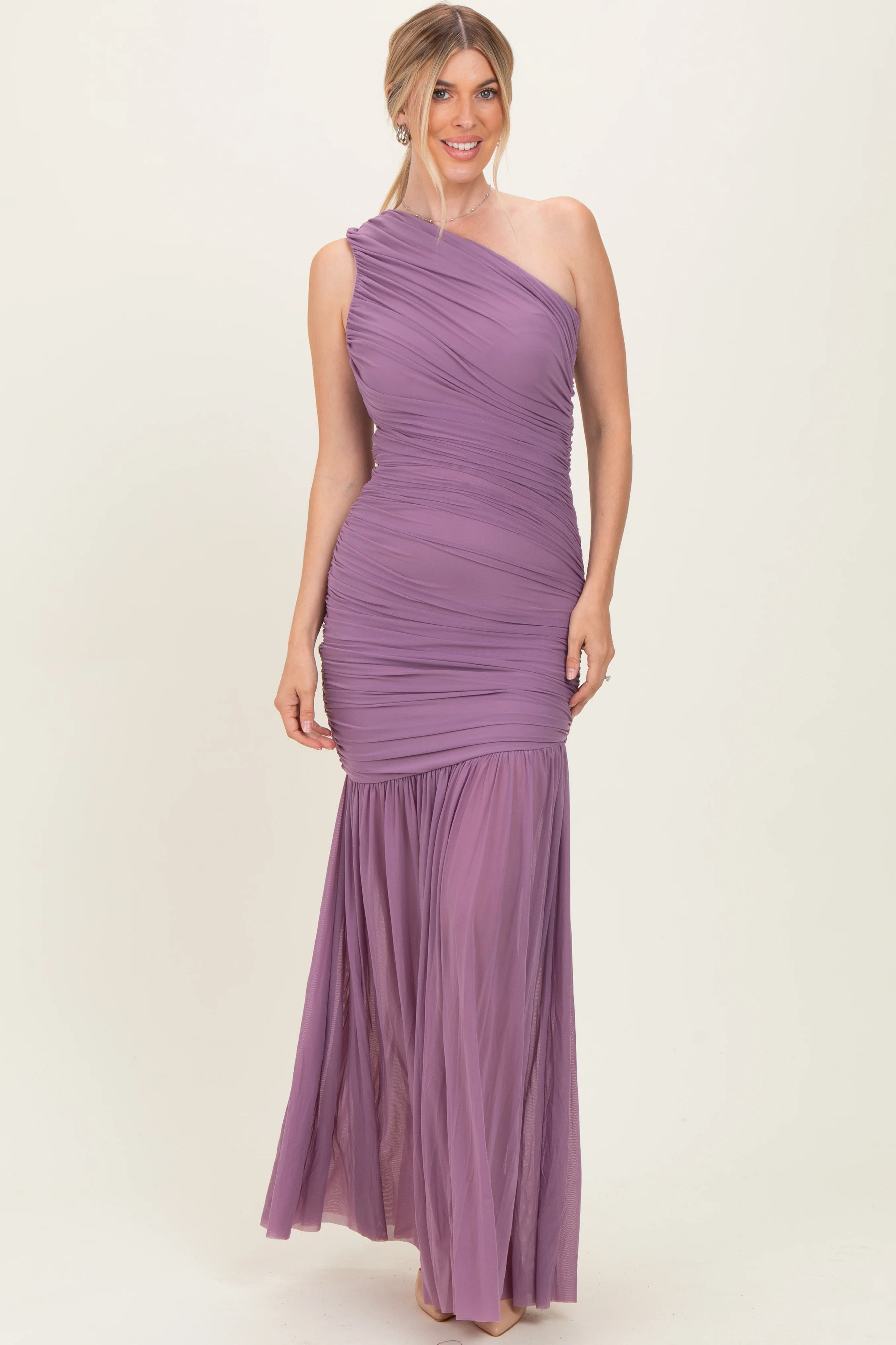 Dark Lavender Ruched Mesh One Shoulder Maternity Maxi Dress - Image 4