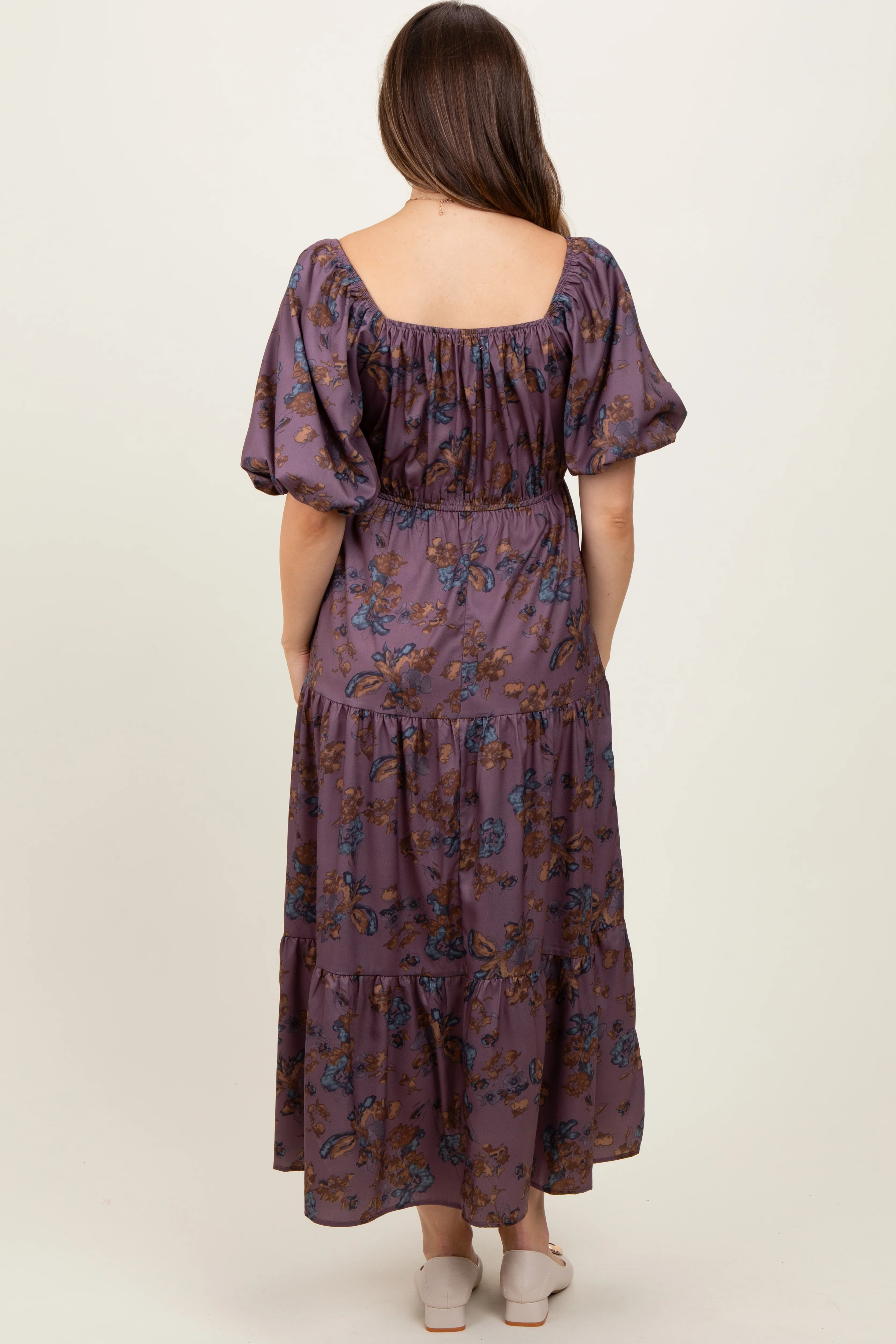 Dark Mauve Floral Bubble Sleeve Tiered Maternity Maxi Dress - Image 4