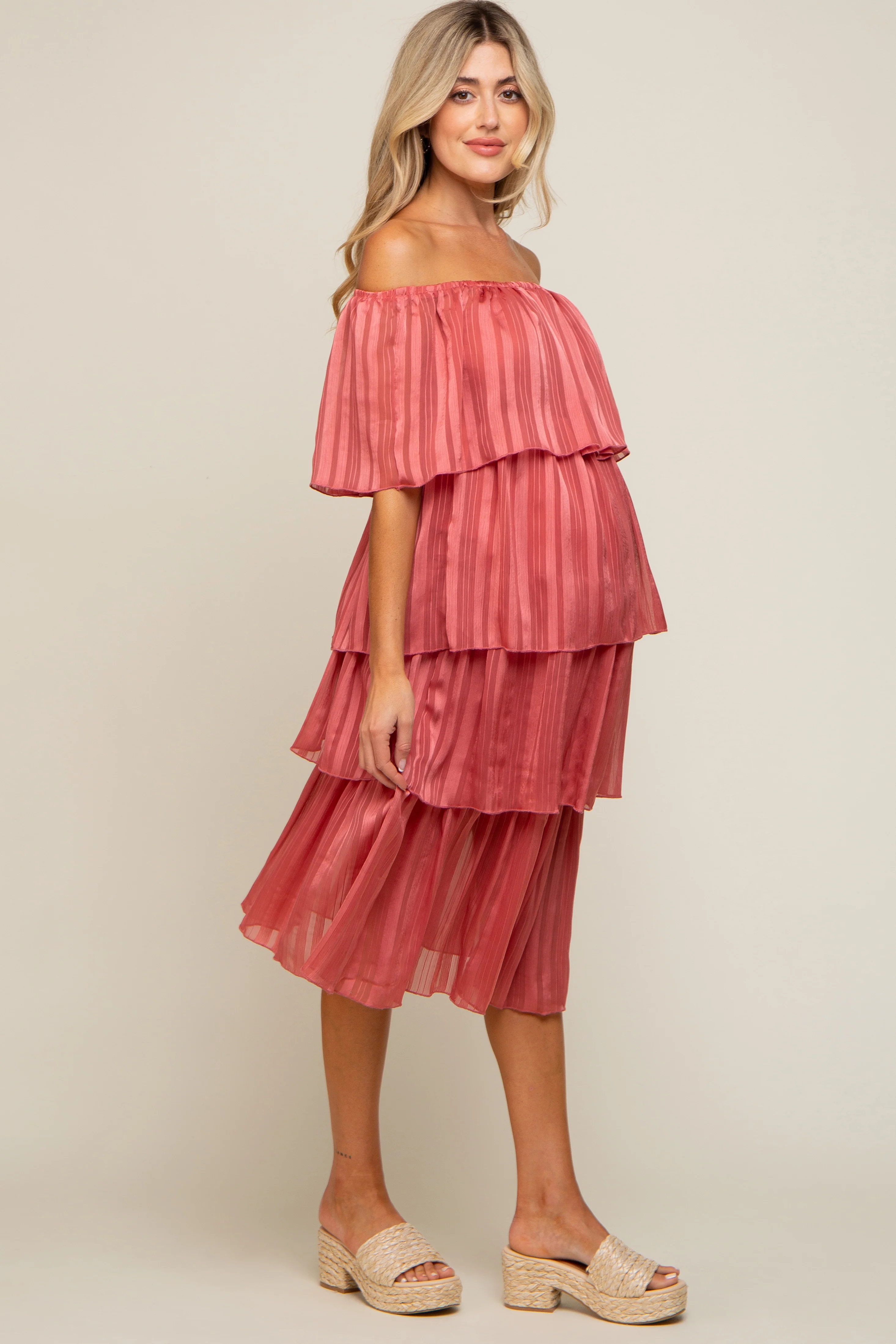Dark Mauve Striped Layered Maternity Midi Dress - Image 3